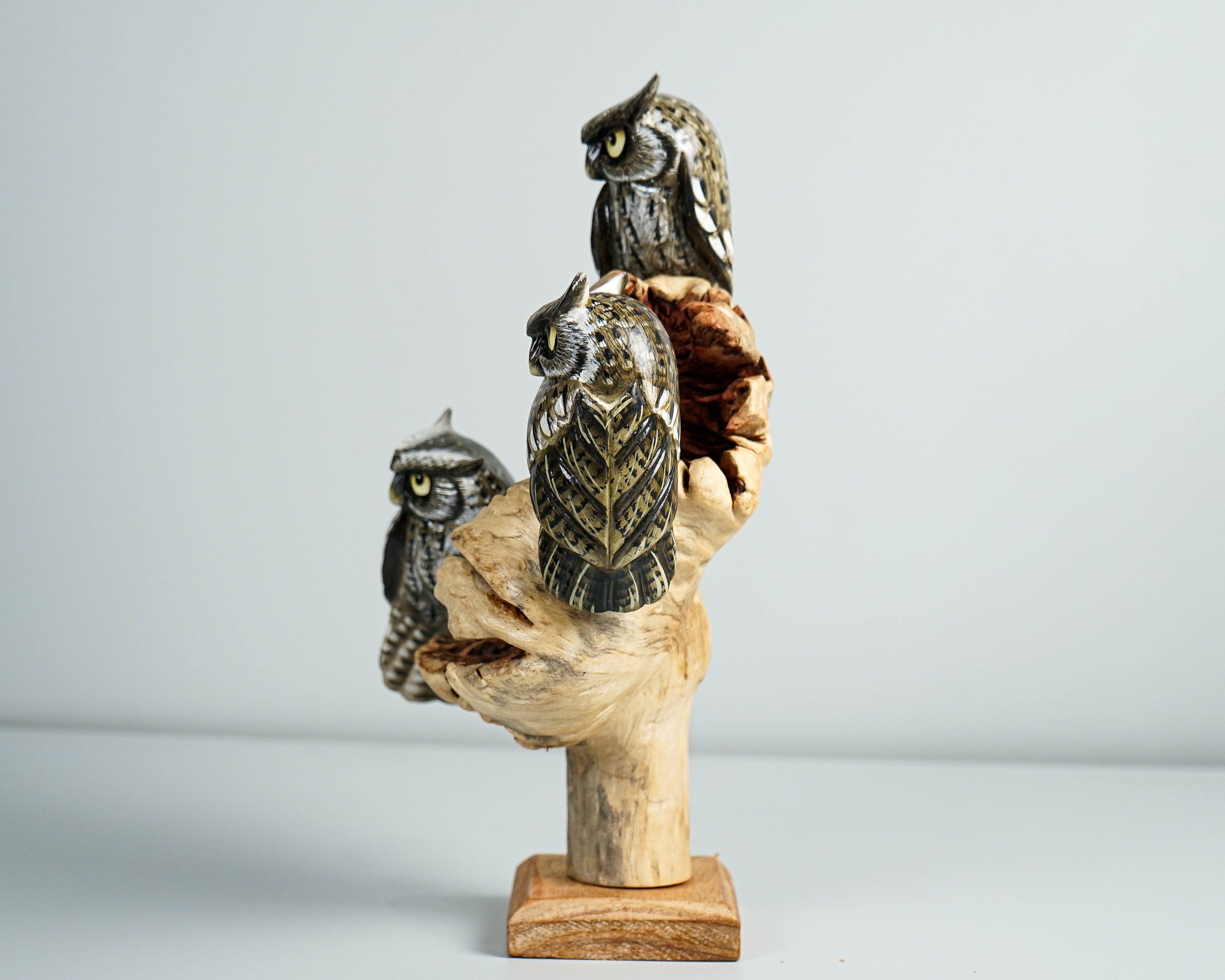 Group of Owls on a Tree Branch, Painted Figurine, Colorful Art, Wooden Ornament, Unique Sculpture, Family Decor, Best Friend Gift