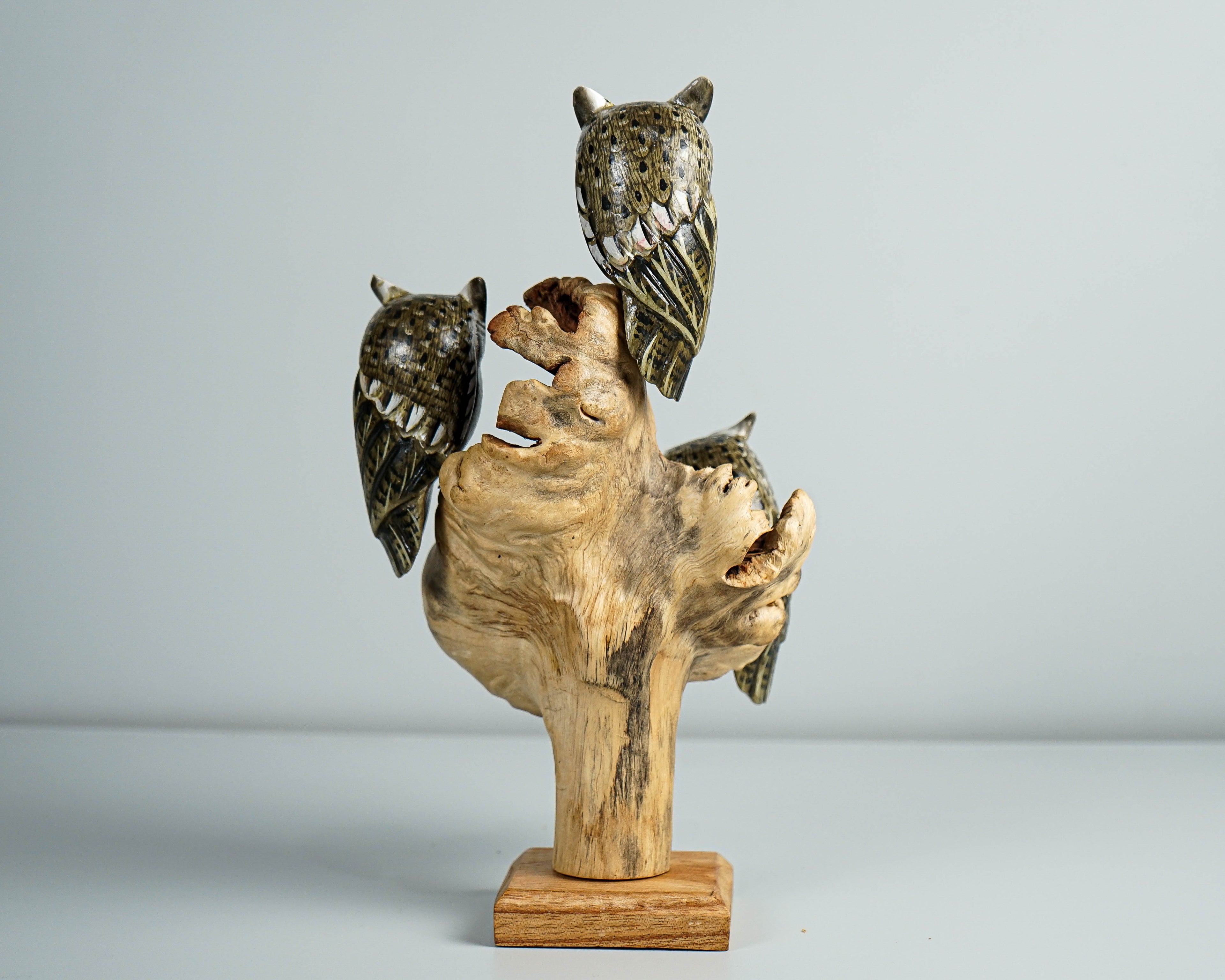 Group of Owls on a Tree Branch, Painted Figurine, Colorful Art, Wooden Ornament, Unique Sculpture, Family Decor, Best Friend Gift