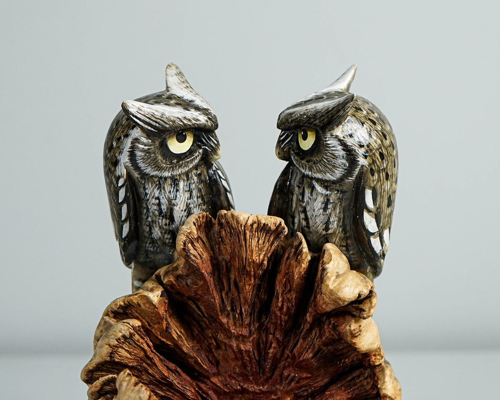 Couple Owl on a Tree Branch, Painted Figurine, Handmade, Colorful Statue, Wooden Ornament, Unique Sculpture, Wedding Gift, Gift for Wife