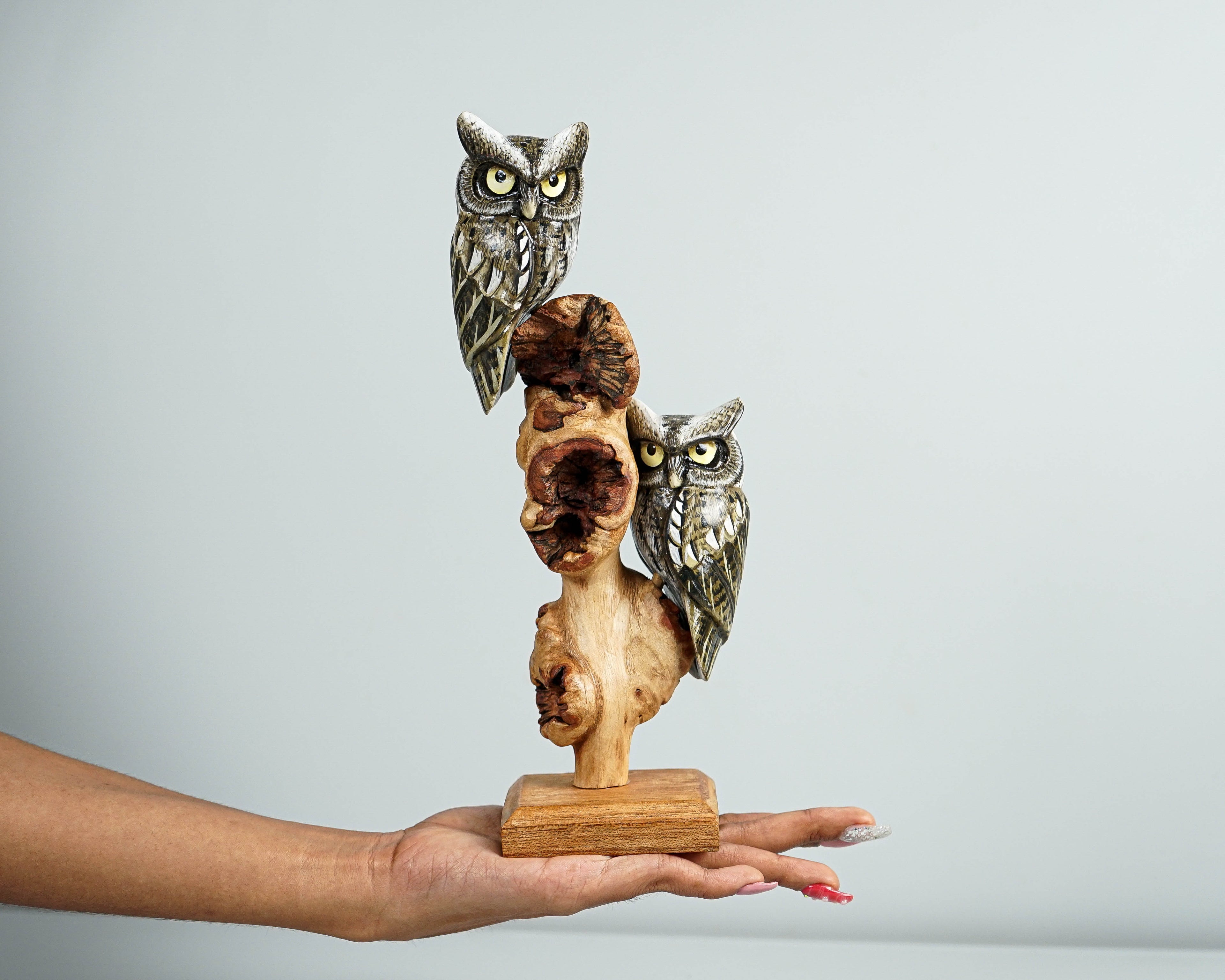 Couple Owls on Branch Sculpture 9in Tall Hand-Painted Wooden Owl Art