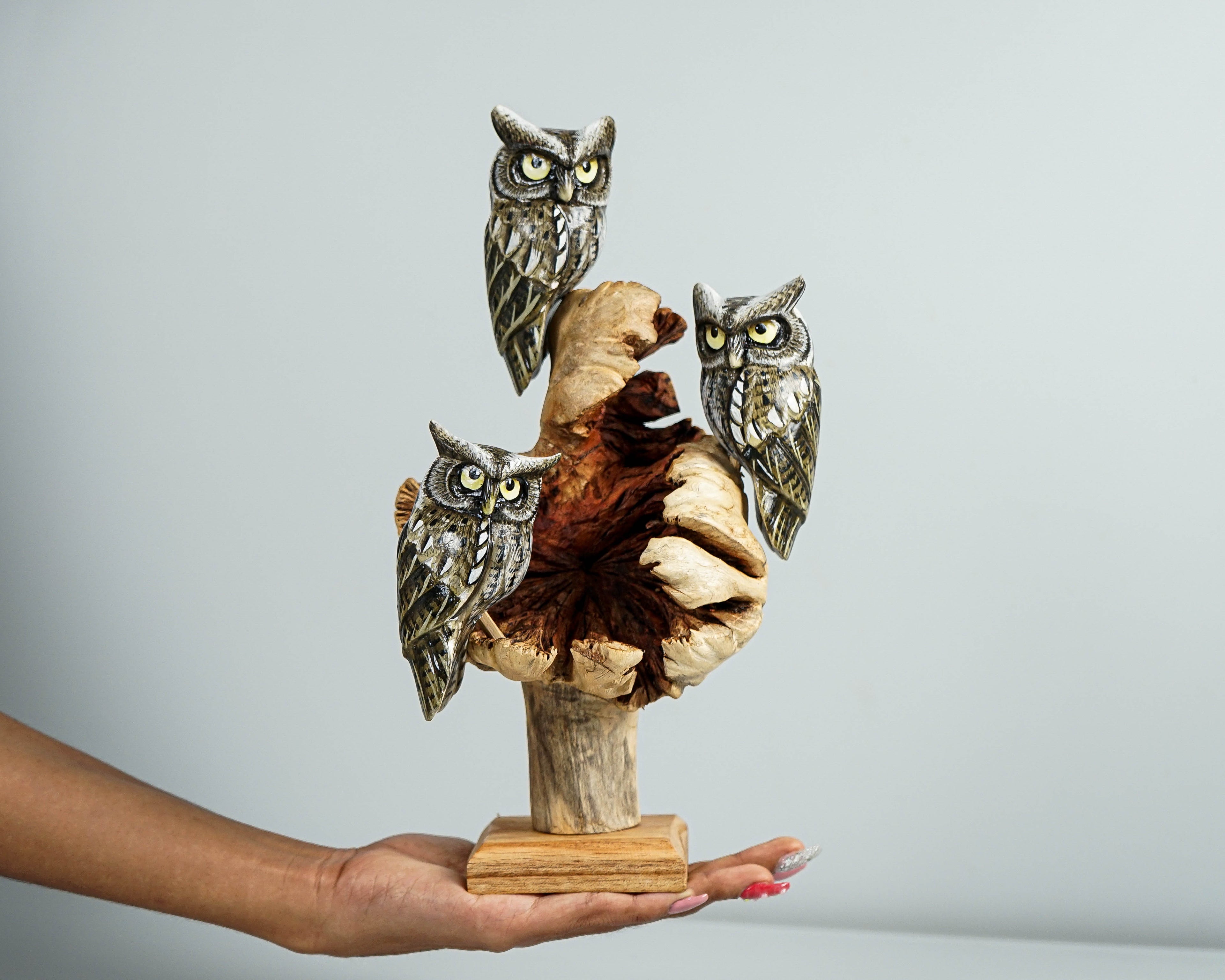 Group of Owls on a Tree Branch, Painted Figurine, Colorful Art, Wooden Ornament, Unique Sculpture, Family Decor, Best Friend Gift