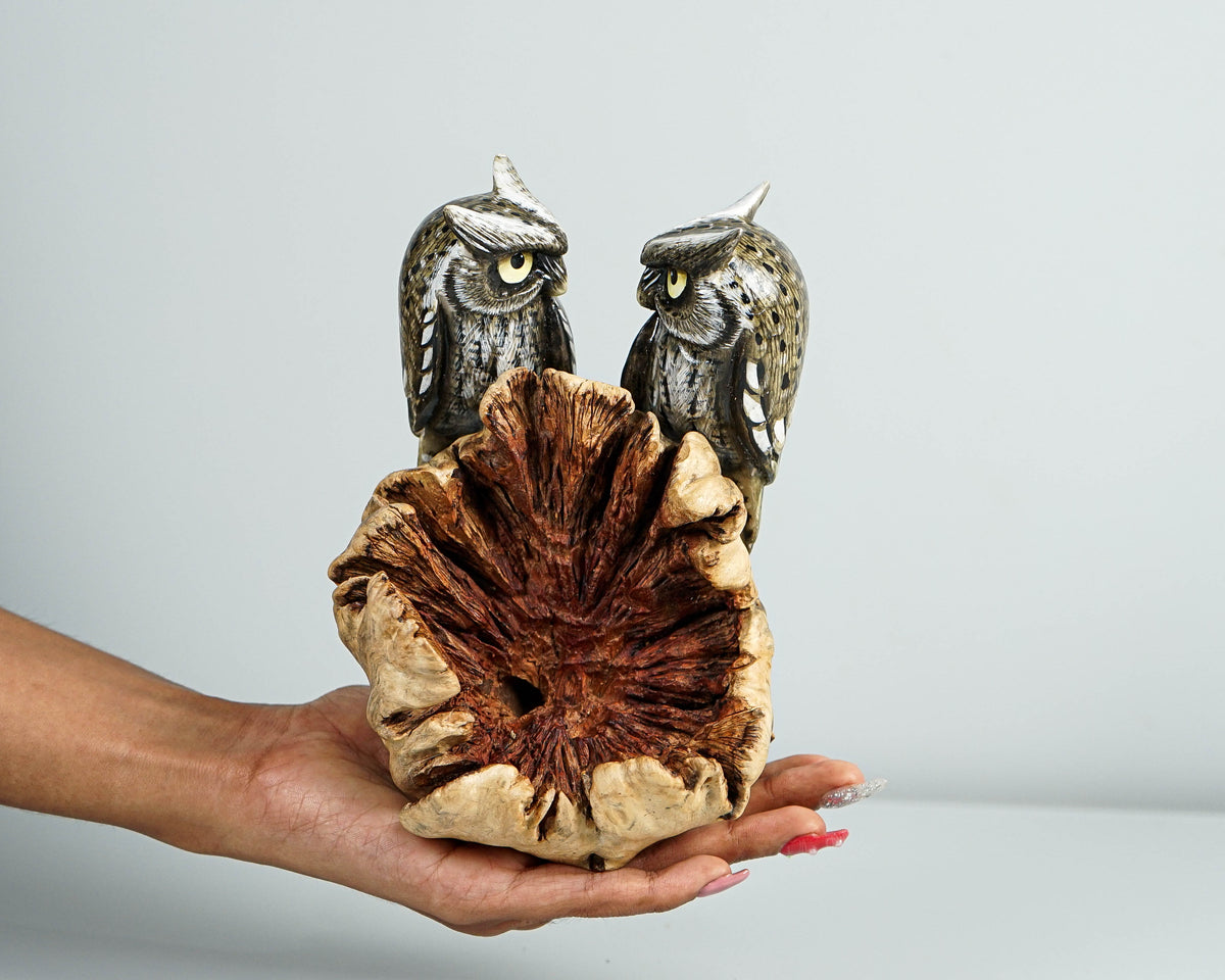 Couple Owl on a Tree Branch, Painted Figurine, Handmade, Colorful Statue, Wooden Ornament, Unique Sculpture, Wedding Gift, Gift for Wife
