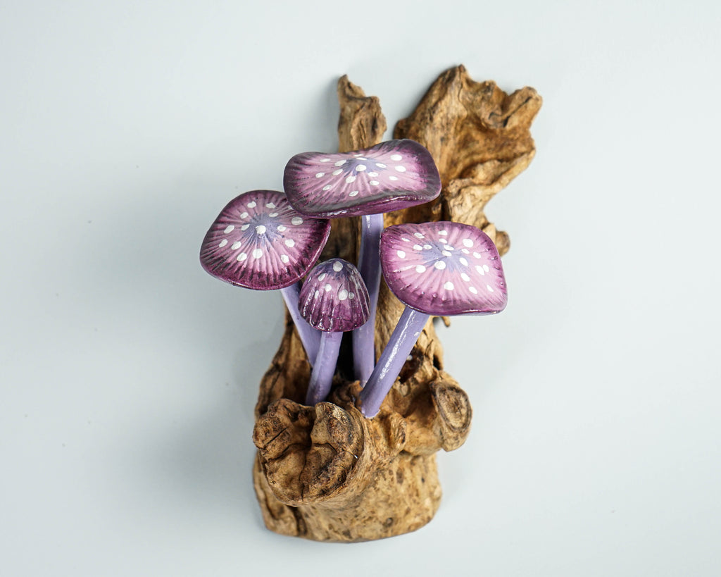 Purple Hanging Fairy Mushroom Sculpture 6in Tall Hand-Carved Woodland Wall Art