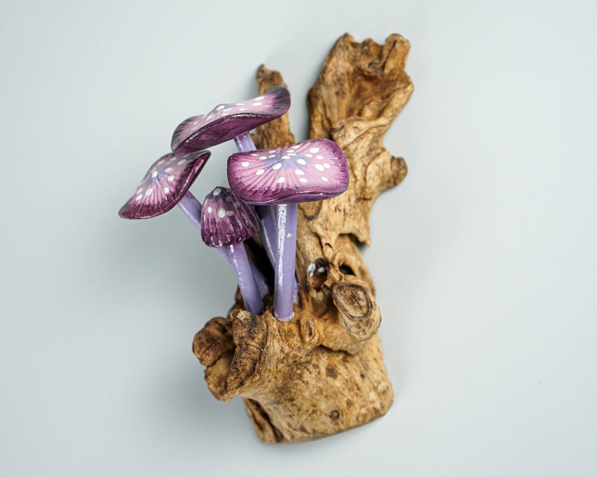 Purple Hanging Fairy Mushroom Sculpture 6in Tall Hand-Carved Woodland Wall Art