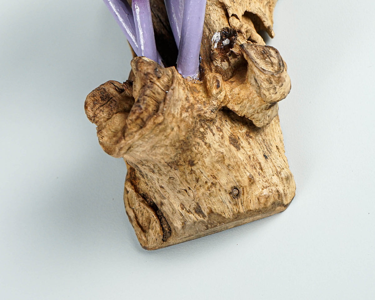 Purple Hanging Fairy Mushroom Sculpture 6in Tall Hand-Carved Woodland Wall Art