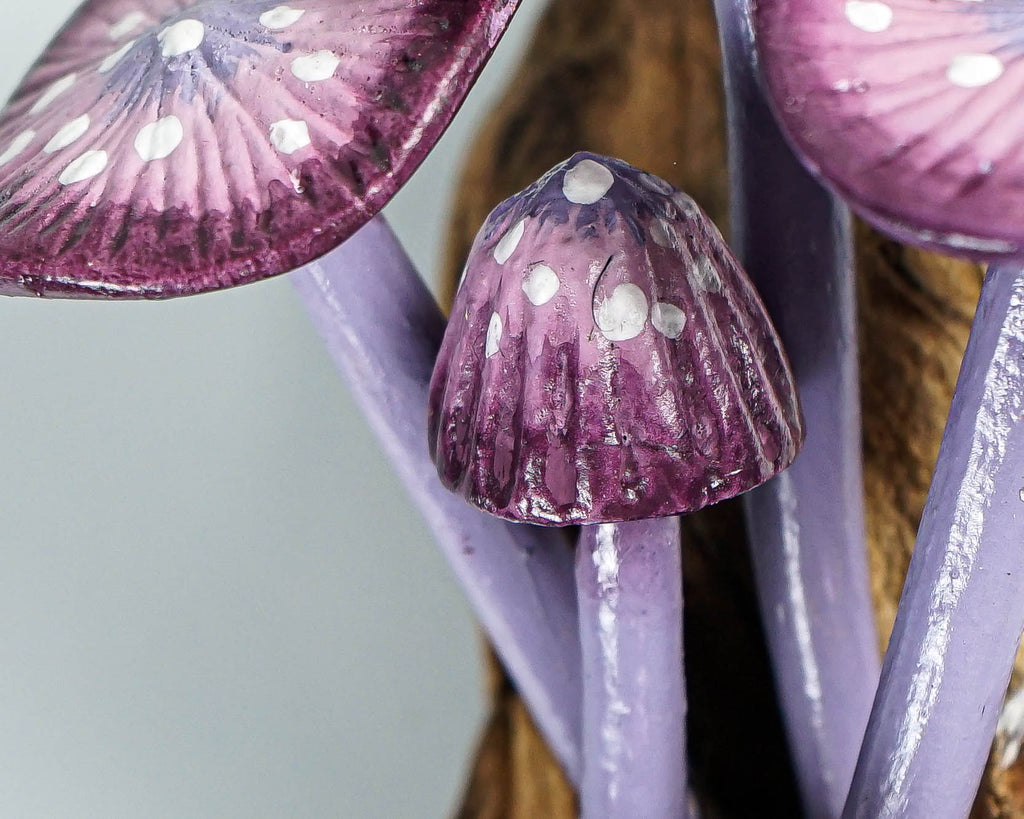 Purple Hanging Fairy Mushroom Sculpture 6in Tall Hand-Carved Woodland Wall Art