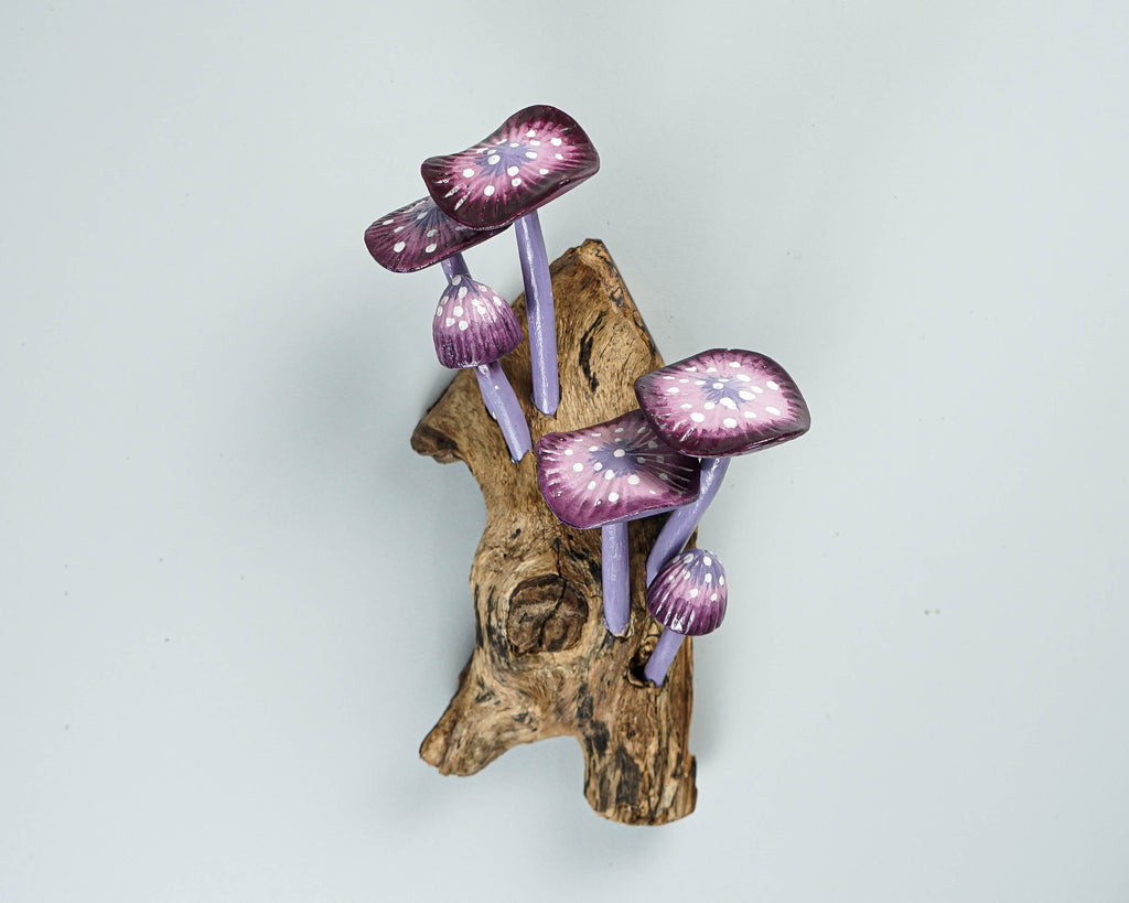 Purple Hanging Fairy Mushroom Sculpture 7in Tall Hand-Carved Woodland Wall Art