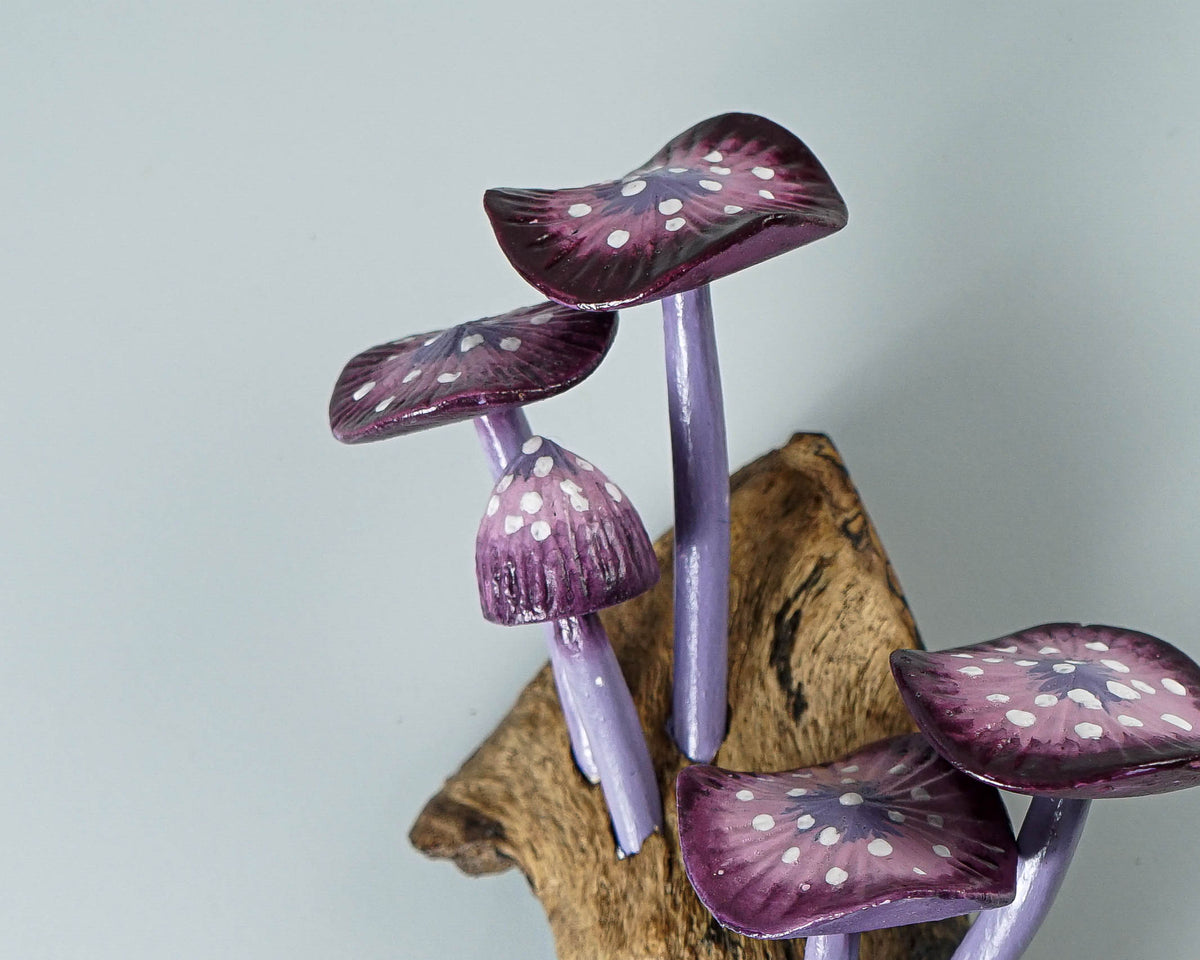 Purple Hanging Fairy Mushroom Sculpture 7in Tall Hand-Carved Woodland Wall Art