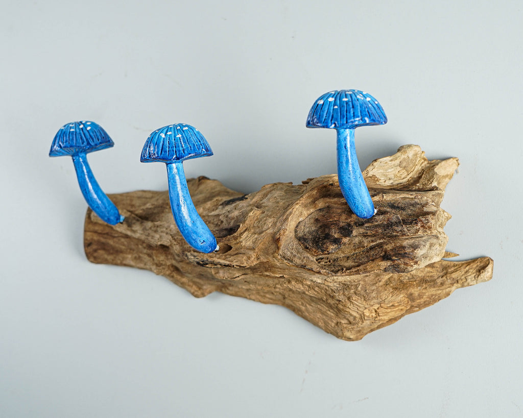 Blue Mushroom Wall Hook, Wooden Decor, Handcrafted, Art, Hand Painted, Jewelry Holder, Woodland, Storage, Rustic Decor, Appreciated Gift