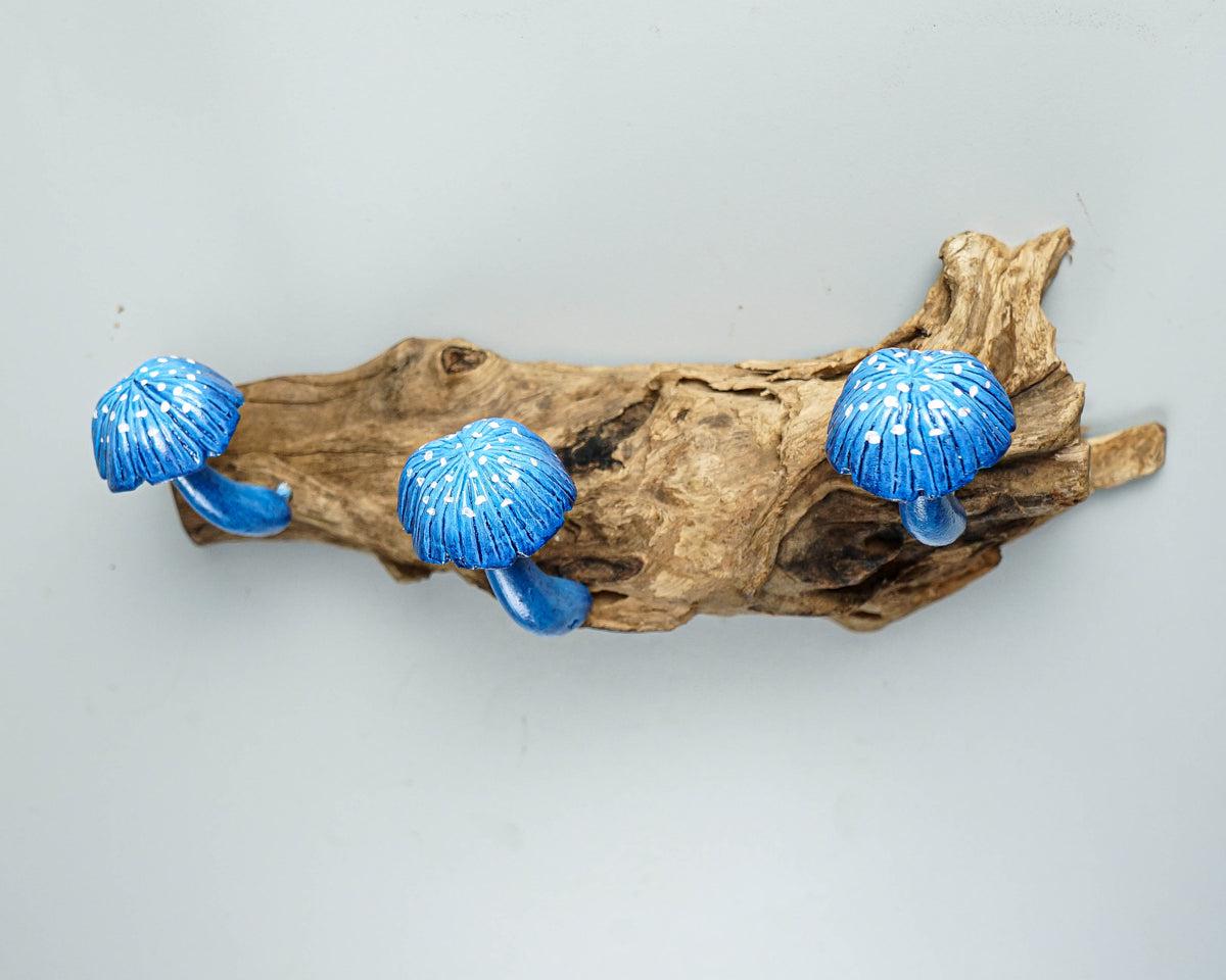 Blue Mushroom Wall Hook, Wooden Decor, Handcrafted, Art, Hand Painted, Jewelry Holder, Woodland, Storage, Rustic Decor, Appreciated Gift