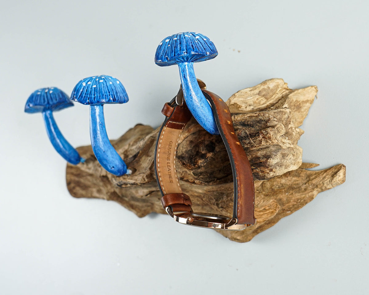 Blue Mushroom Wall Hook, Wooden Decor, Handcrafted, Art, Hand Painted, Jewelry Holder, Woodland, Storage, Rustic Decor, Appreciated Gift