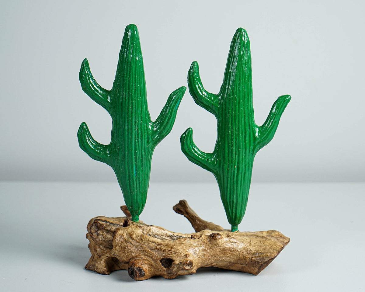 Green Cactus Statue, Couple, Wooden Sculpture, Painted, Saguero, Wood Carving, Bedroom Decoration, Bookshelf Decor, Best Gifts for Her