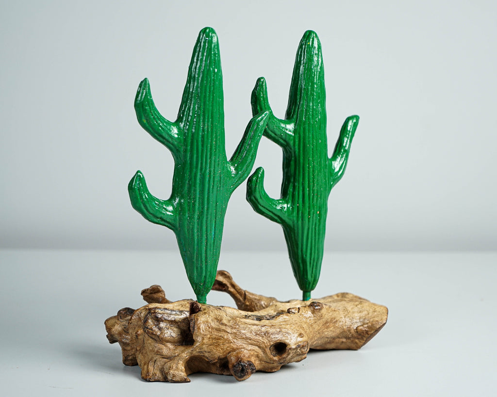 Green Cactus Statue, Couple, Wooden Sculpture, Painted, Saguero, Wood Carving, Bedroom Decoration, Bookshelf Decor, Best Gifts for Her