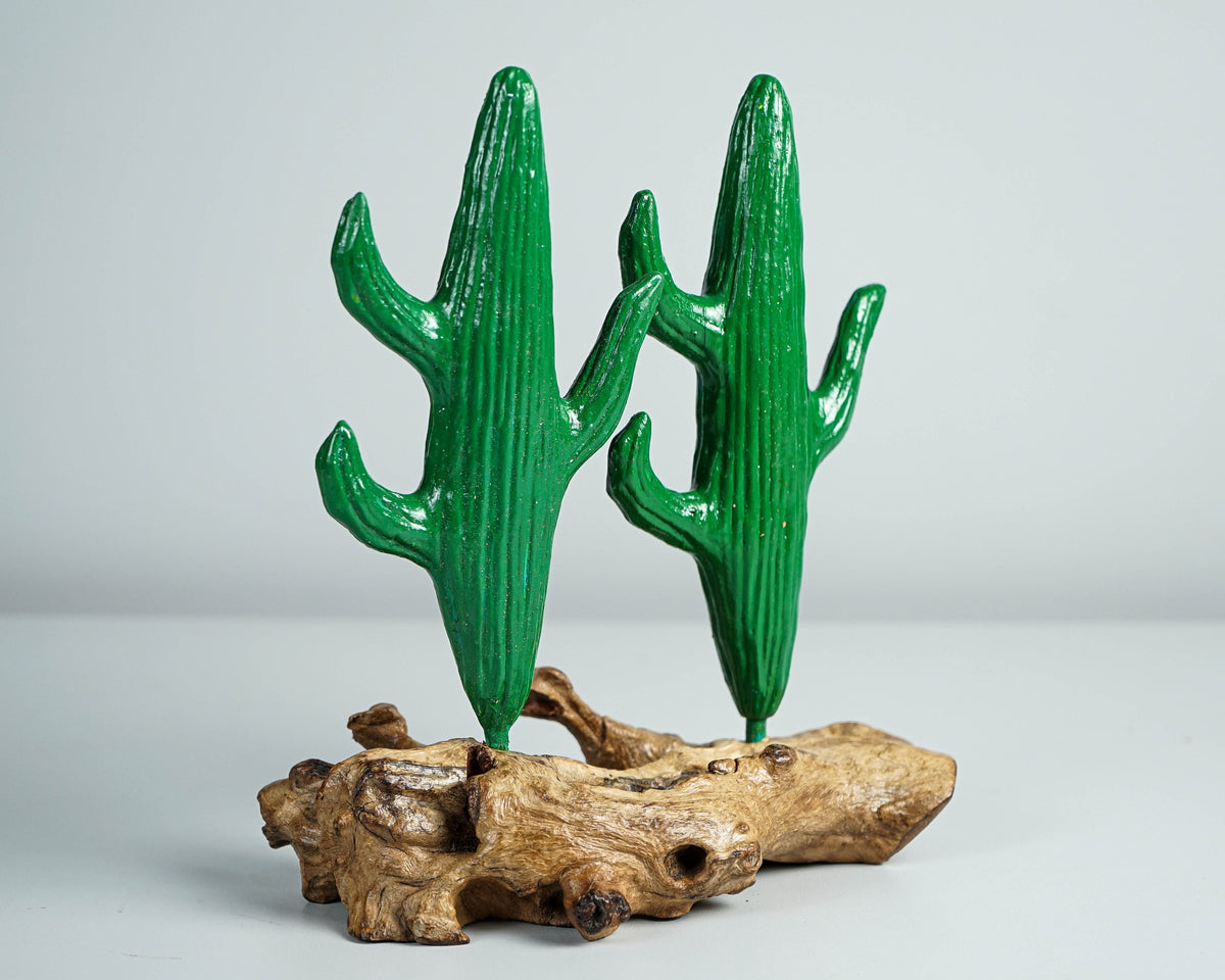 Green Cactus Statue, Couple, Wooden Sculpture, Painted, Saguero, Wood Carving, Bedroom Decoration, Bookshelf Decor, Best Gifts for Her