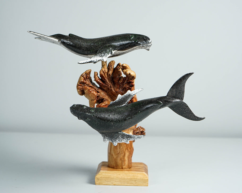 Black Humpback Whale Duo Statue, Wooden Art, Painted, Colorful Art, Unique Sculpture, Ocean Decor, Handmade Statue, Valentines Gift