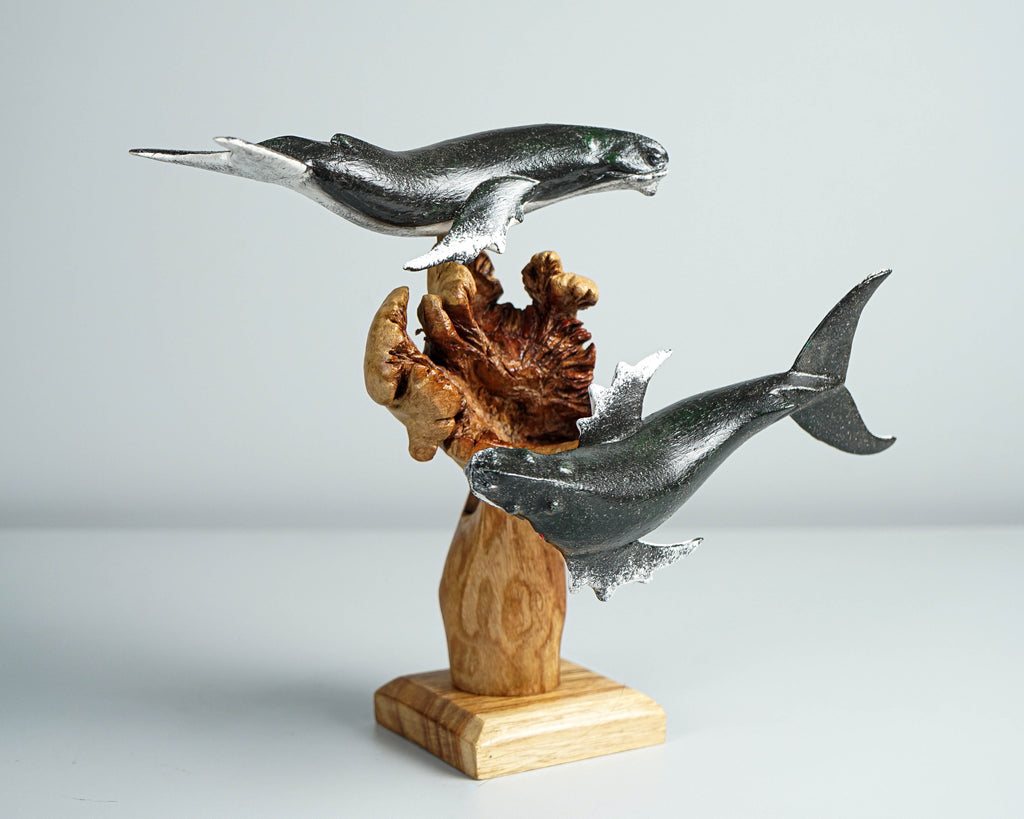 Black Humpback Whale Duo Statue, Wooden Art, Painted, Colorful Art, Unique Sculpture, Ocean Decor, Handmade Statue, Valentines Gift