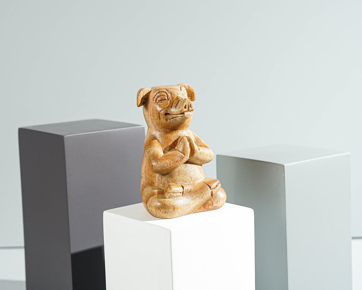 Meditating Pig Sculpture, Animal Figurine, Yoga, Parasite Wood Base, Artwork, Meditation Statue, Figurine, Office Decor, Appreciated Gift