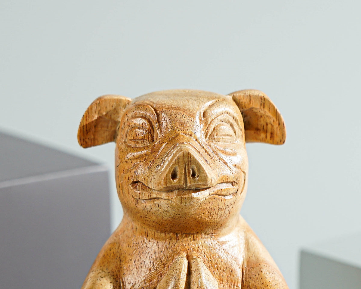 Meditating Pig Sculpture, Animal Figurine, Yoga, Parasite Wood Base, Artwork, Meditation Statue, Figurine, Office Decor, Appreciated Gift