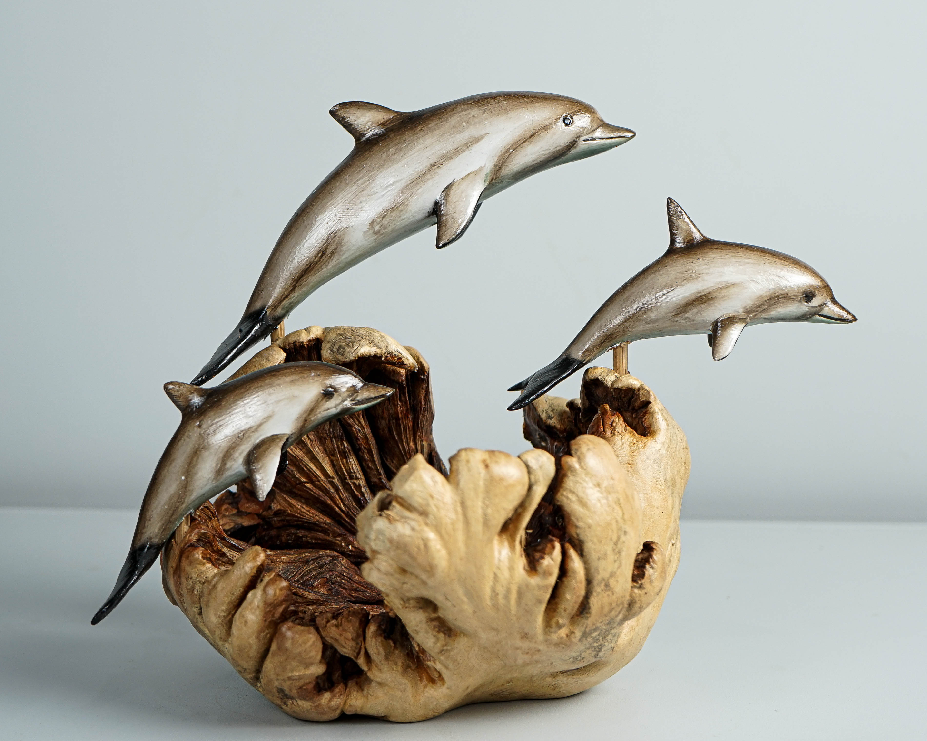Jumping Dolphins Family, Swimming Dolphin, Antique, Wood Caving, Ocean, Handcrafted Decor, Painted Dolphin, Bookshelf Decor, Family Gift