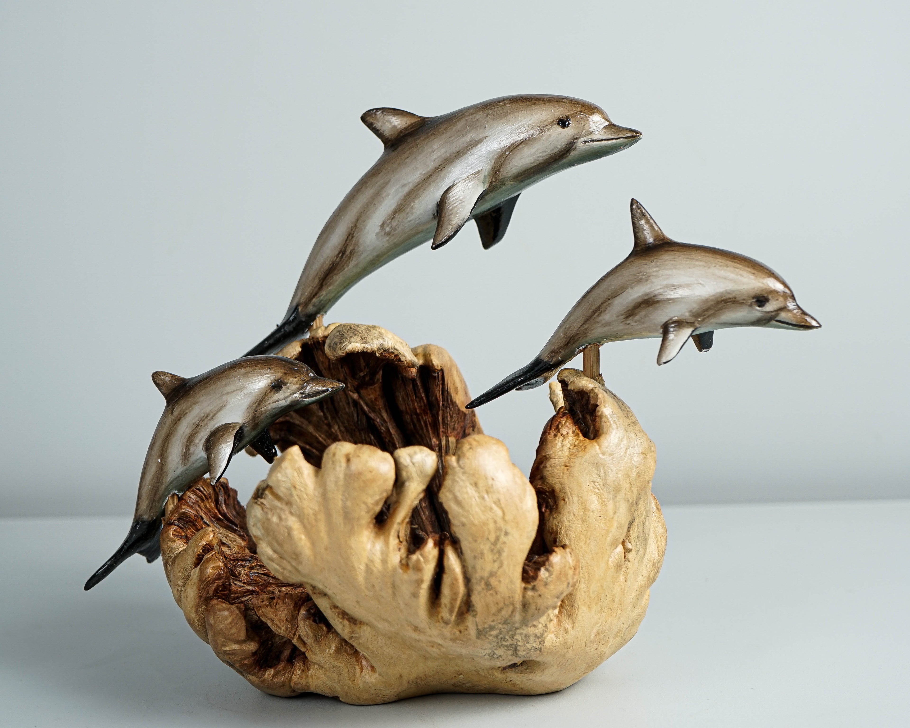 Jumping Dolphins Family, Swimming Dolphin, Antique, Wood Caving, Ocean, Handcrafted Decor, Painted Dolphin, Bookshelf Decor, Family Gift