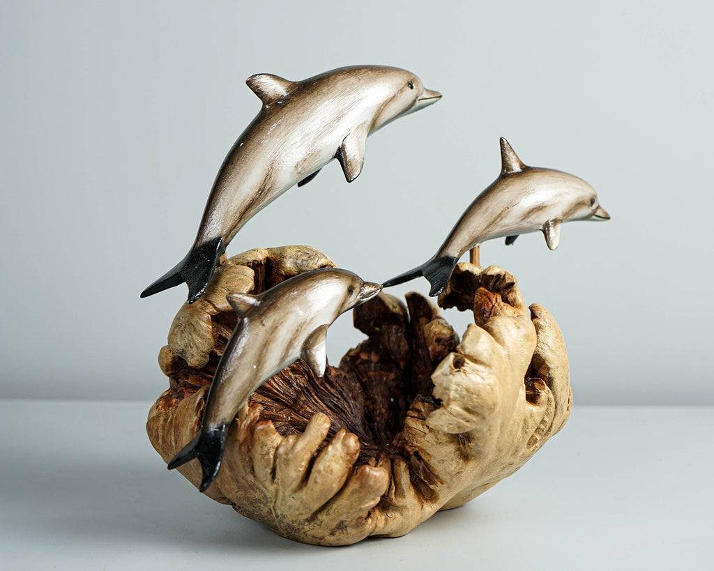Jumping Dolphins Family, Swimming Dolphin, Antique, Wood Caving, Ocean, Handcrafted Decor, Painted Dolphin, Bookshelf Decor, Family Gift