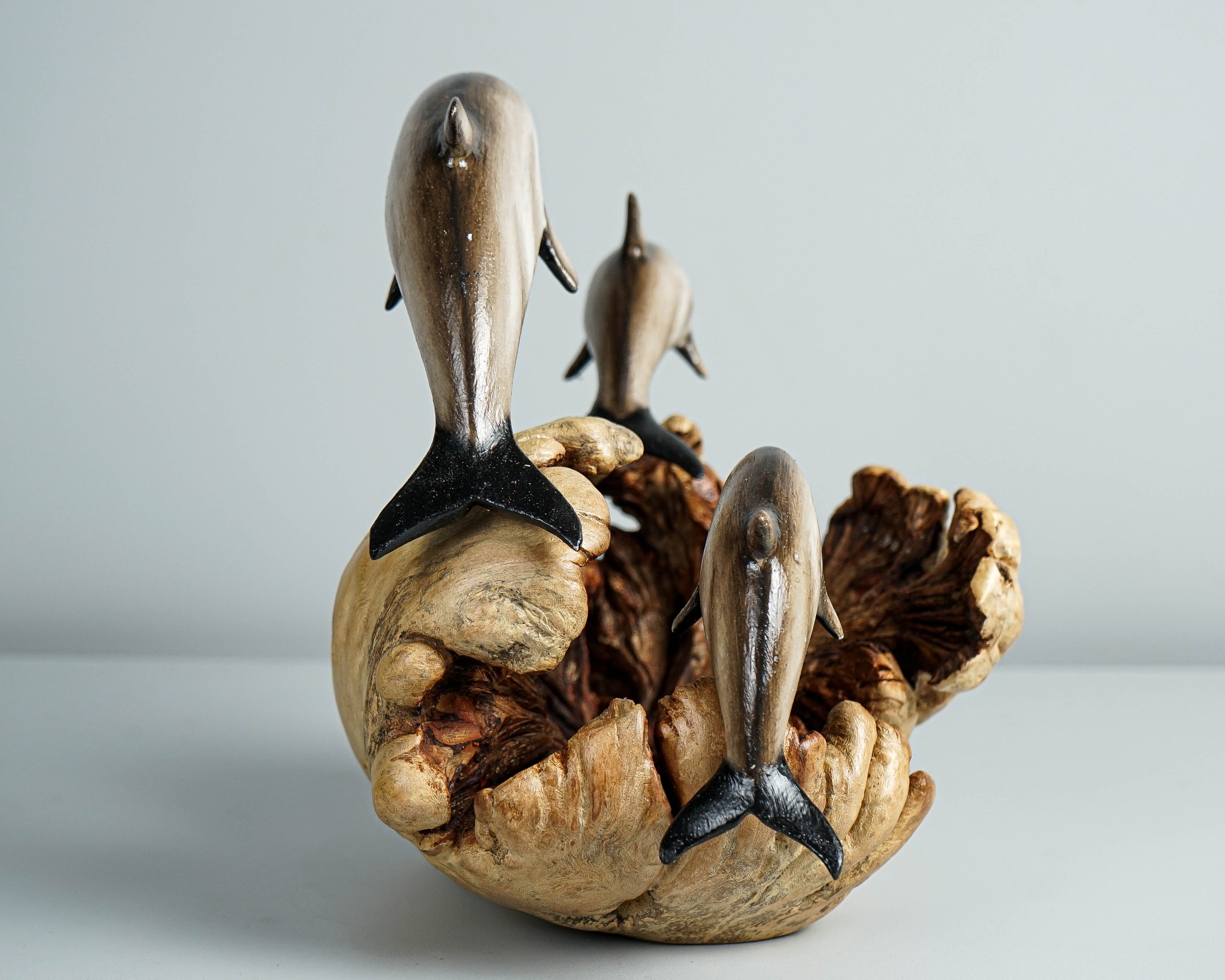 Jumping Dolphins Family, Swimming Dolphin, Antique, Wood Caving, Ocean, Handcrafted Decor, Painted Dolphin, Bookshelf Decor, Family Gift