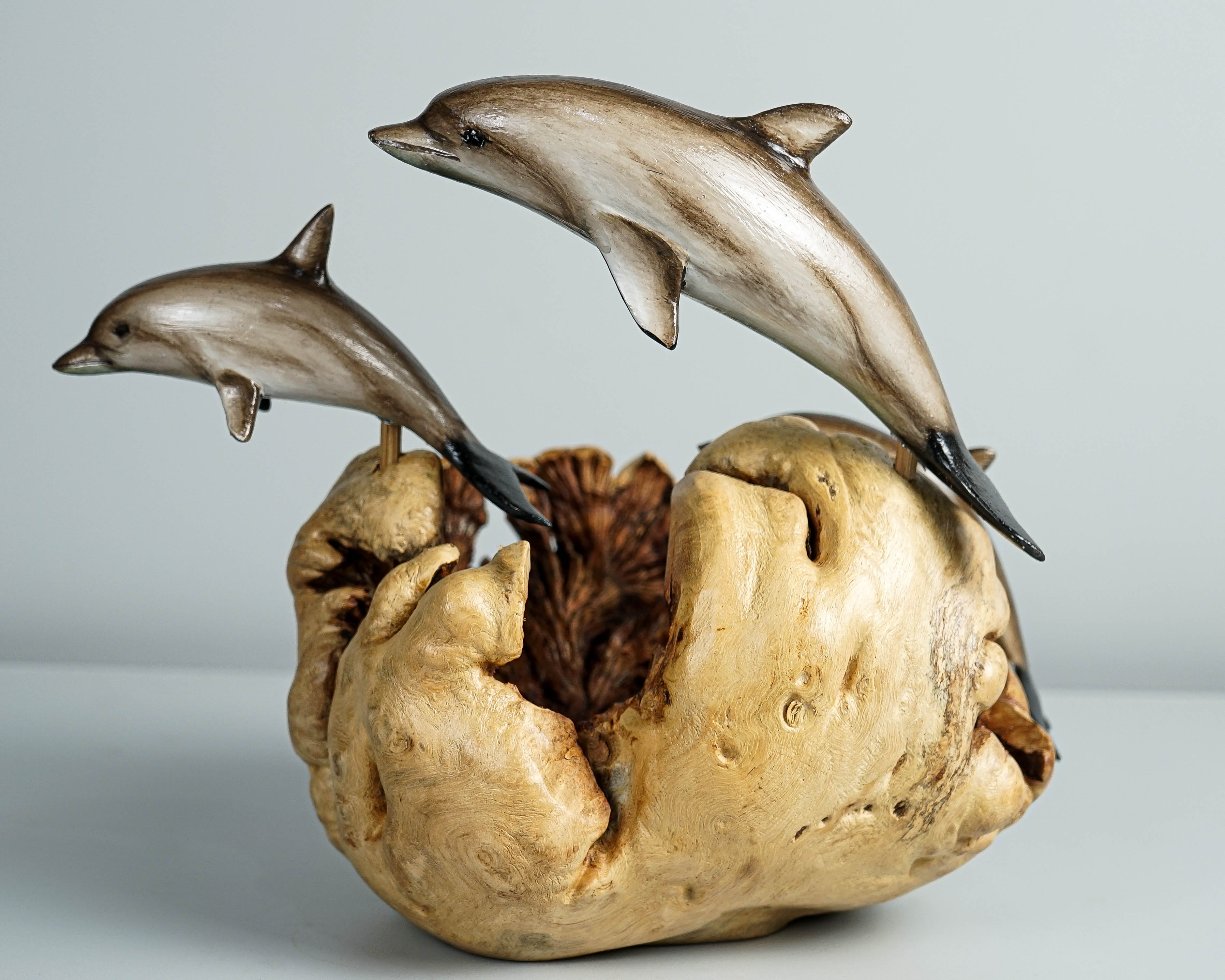 Jumping Dolphins Family, Swimming Dolphin, Antique, Wood Caving, Ocean, Handcrafted Decor, Painted Dolphin, Bookshelf Decor, Family Gift