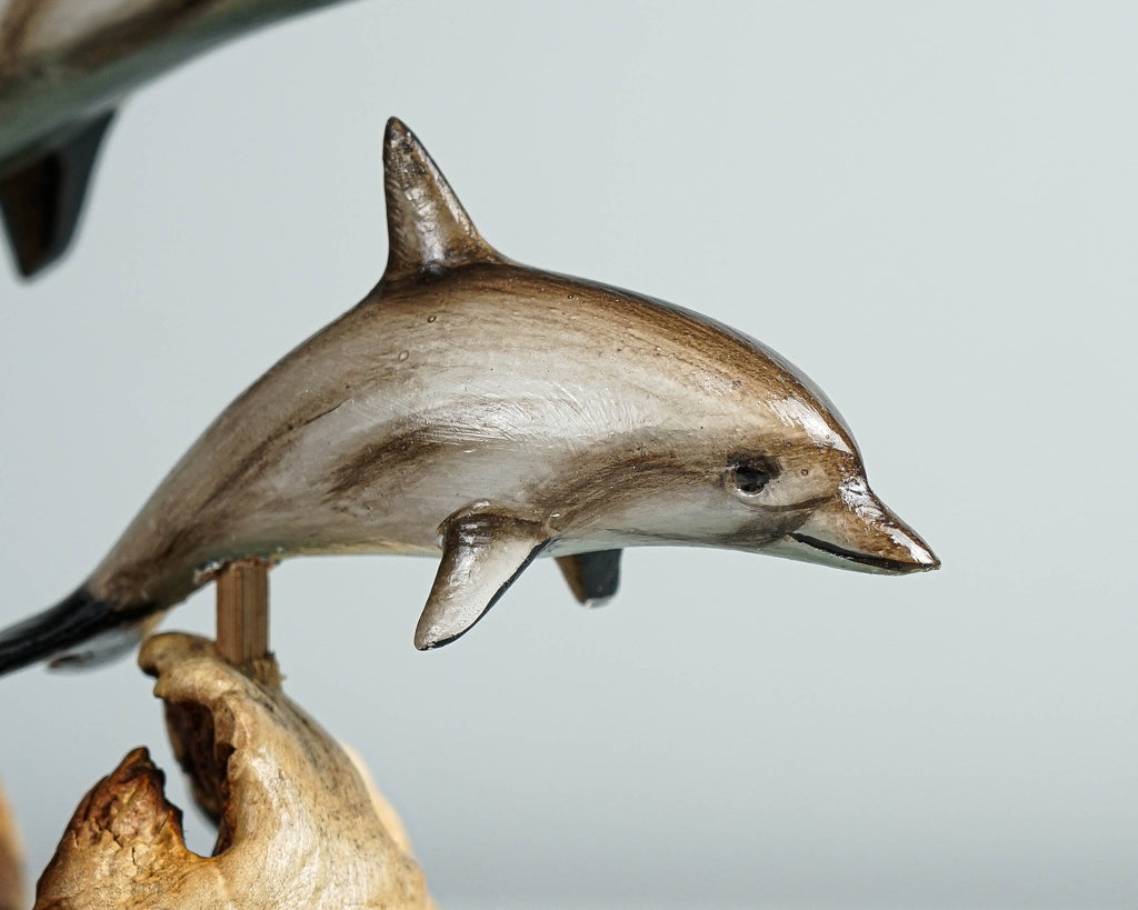 Jumping Dolphins Family, Swimming Dolphin, Antique, Wood Caving, Ocean, Handcrafted Decor, Painted Dolphin, Bookshelf Decor, Family Gift