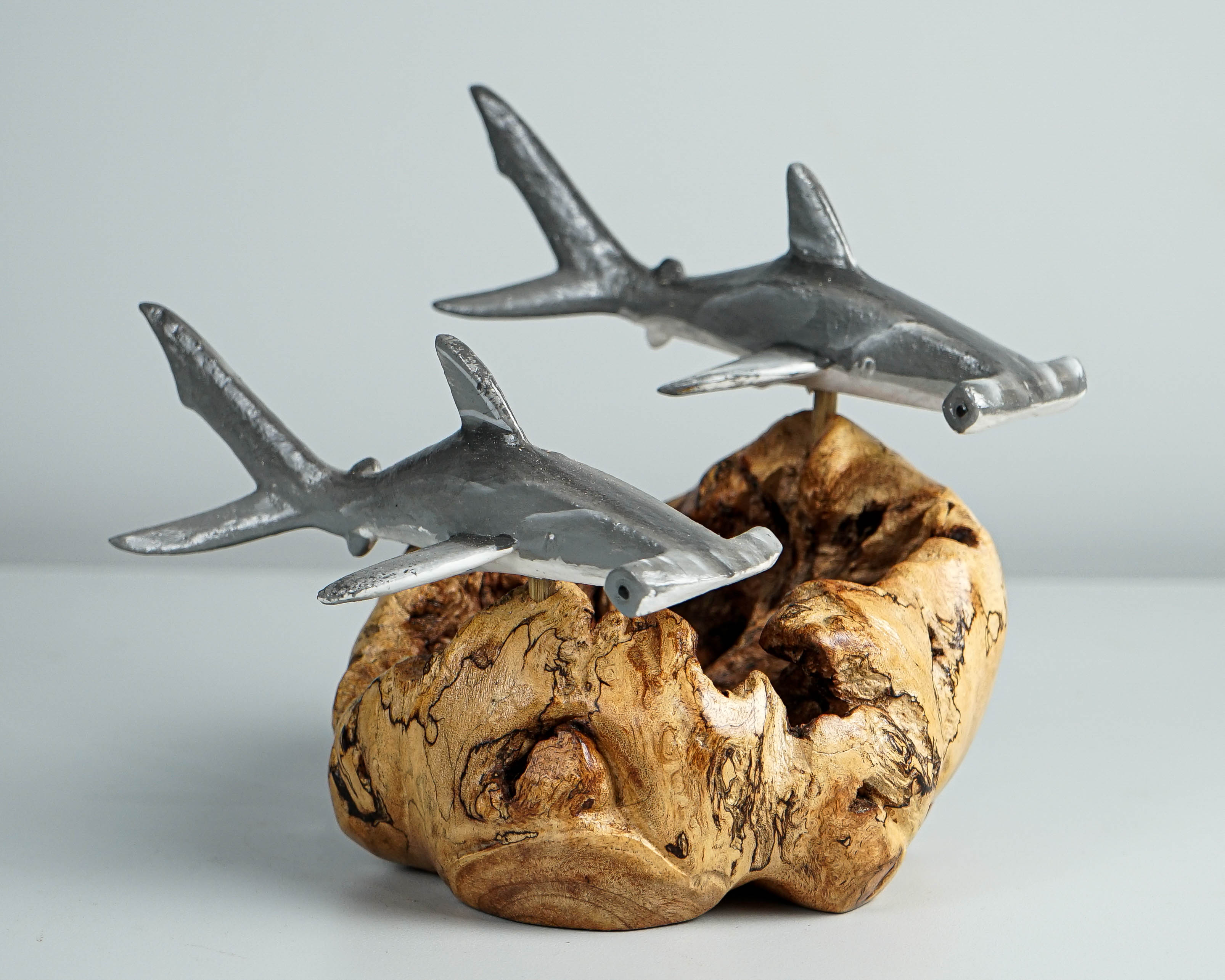 Grey Hammerhead Shark Duo Statue, Wooden Art, Painted, Woodland, Unique Sculpture, Ocean Decor, Handcrafted, Bedroom Decor, Gift for Her