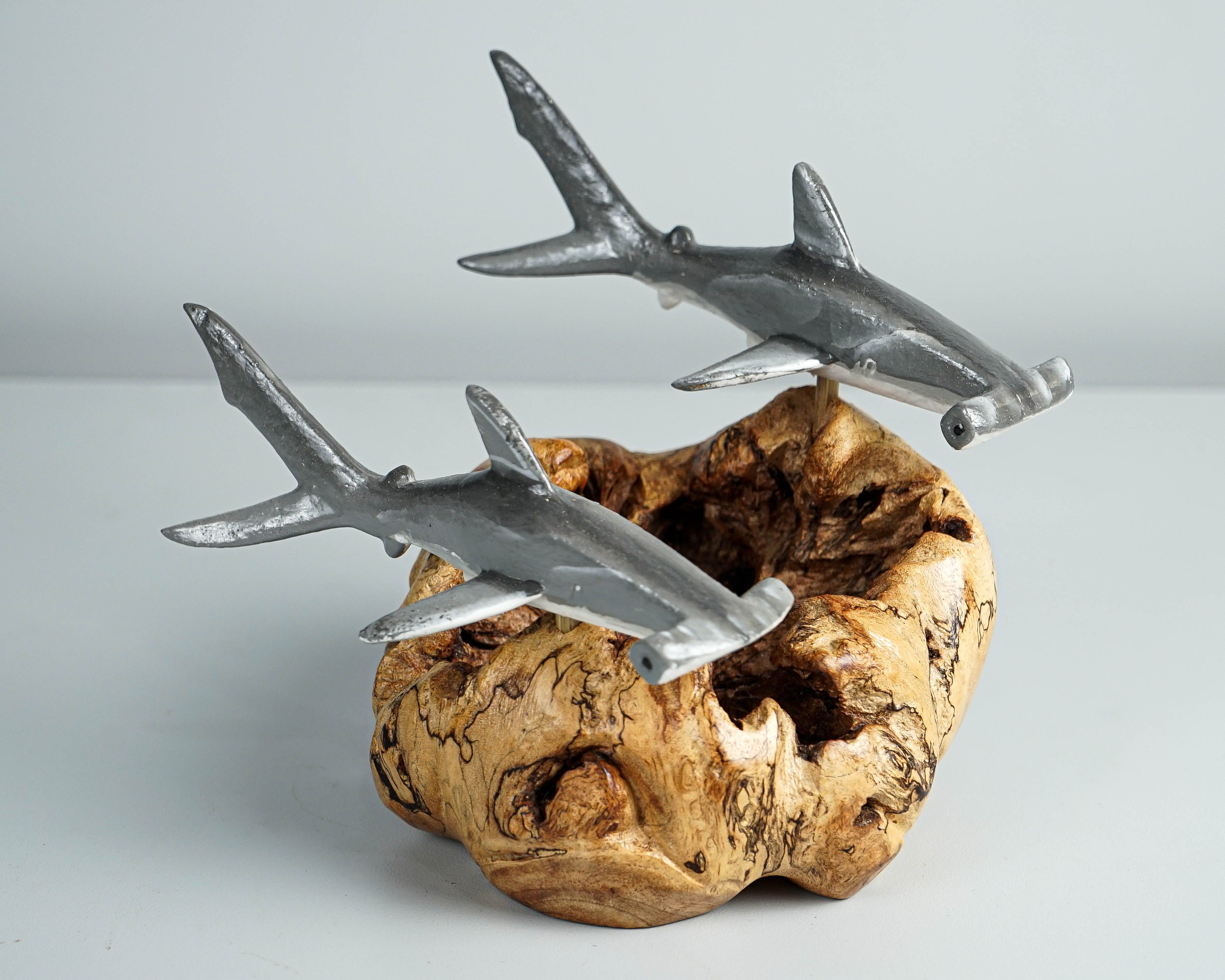 Grey Hammerhead Shark Duo Statue, Wooden Art, Painted, Woodland, Unique Sculpture, Ocean Decor, Handcrafted, Bedroom Decor, Gift for Her