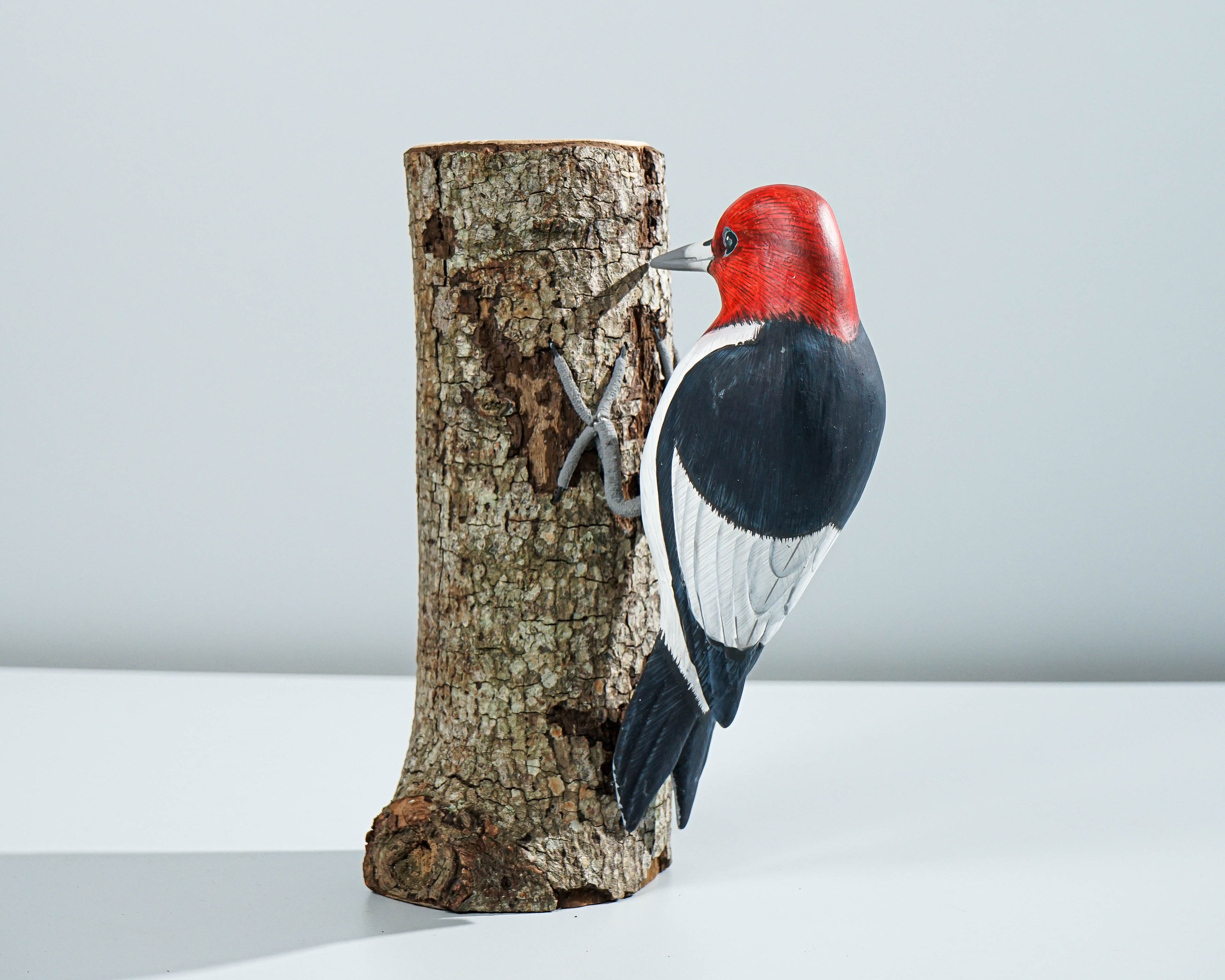 Red-Headed Woodpecker Sculpture 7.5in Tall Hand-Carved Colorful Bird Wood Decor