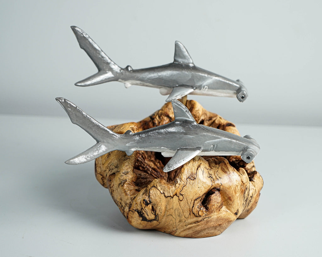 Grey Hammerhead Shark Duo Statue, Wooden Art, Painted, Woodland, Unique Sculpture, Ocean Decor, Handcrafted, Bedroom Decor, Gift for Her