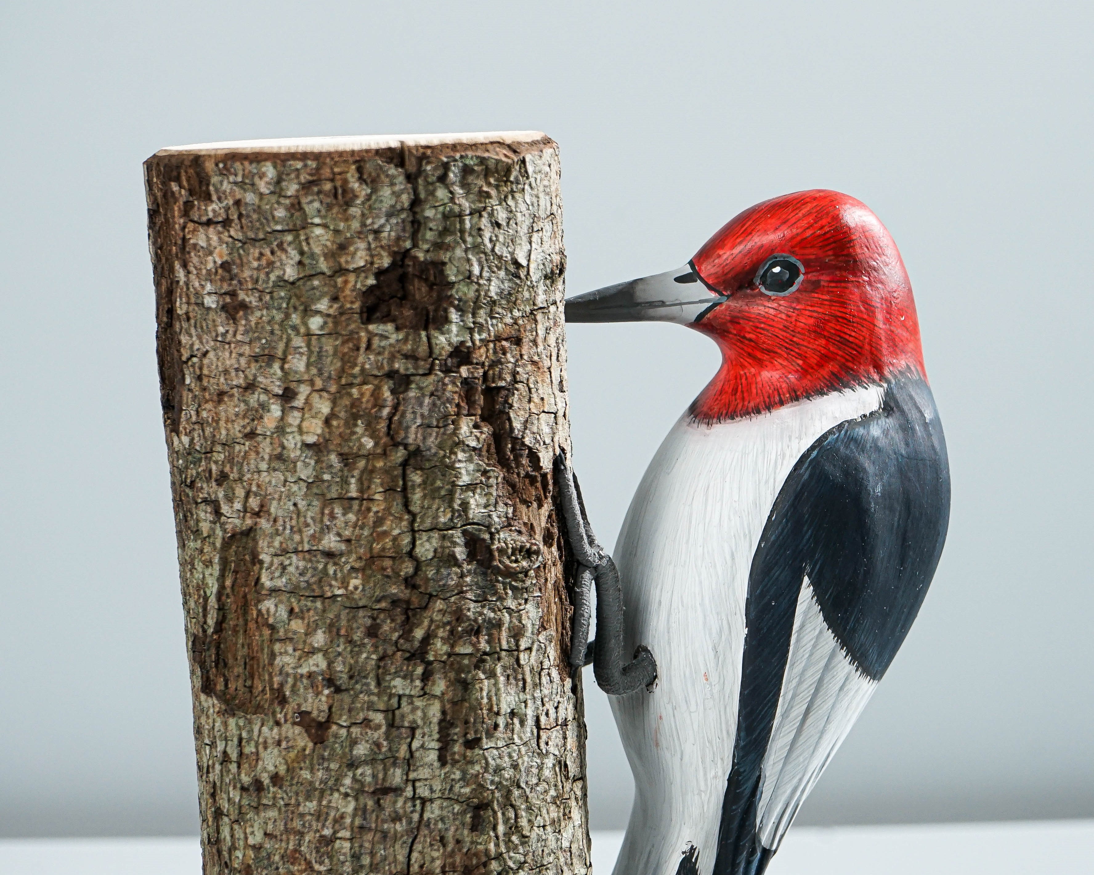 Red-Headed Woodpecker Sculpture 7.5in Tall Hand-Carved Colorful Bird Wood Decor