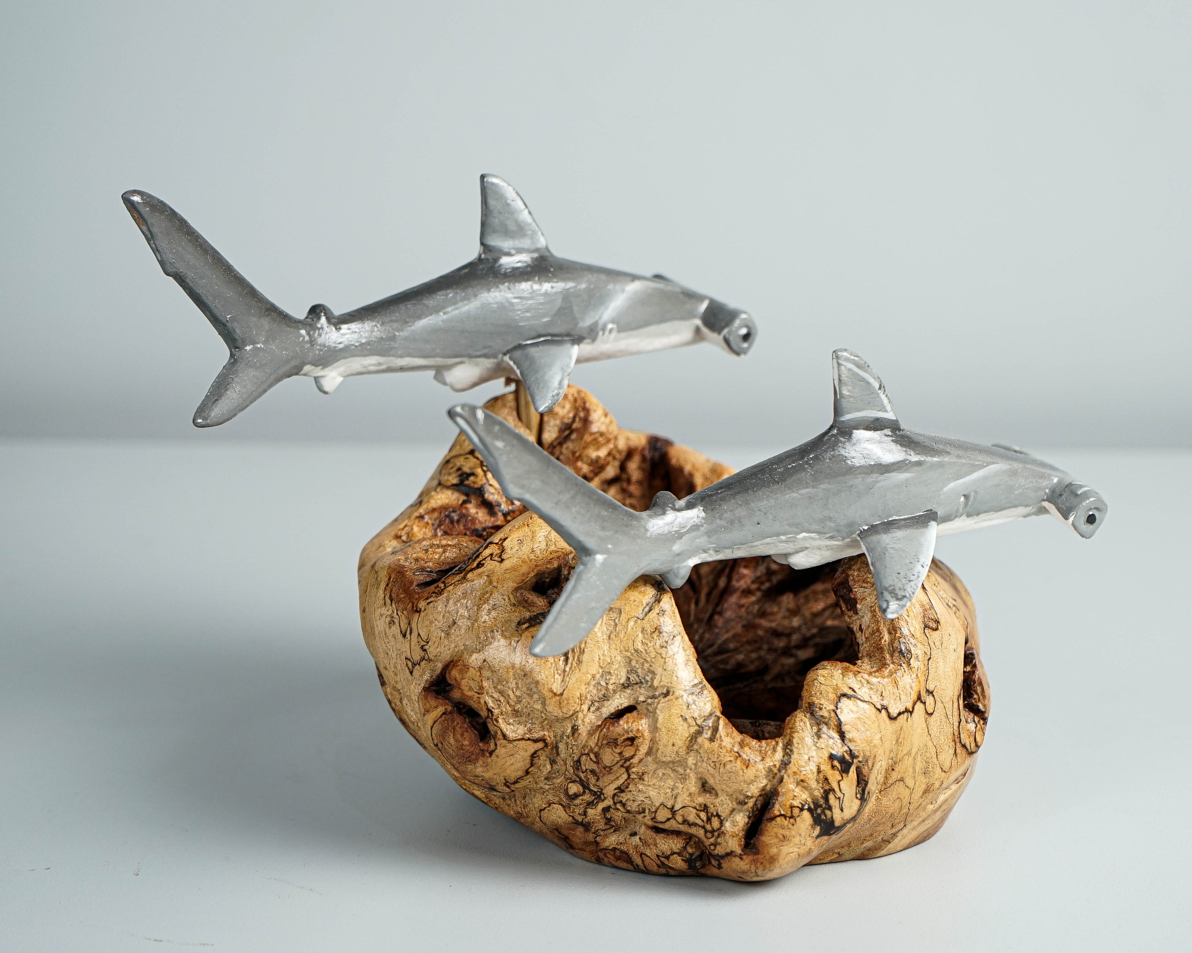 Grey Hammerhead Shark Duo Statue, Wooden Art, Painted, Woodland, Unique Sculpture, Ocean Decor, Handcrafted, Bedroom Decor, Gift for Her