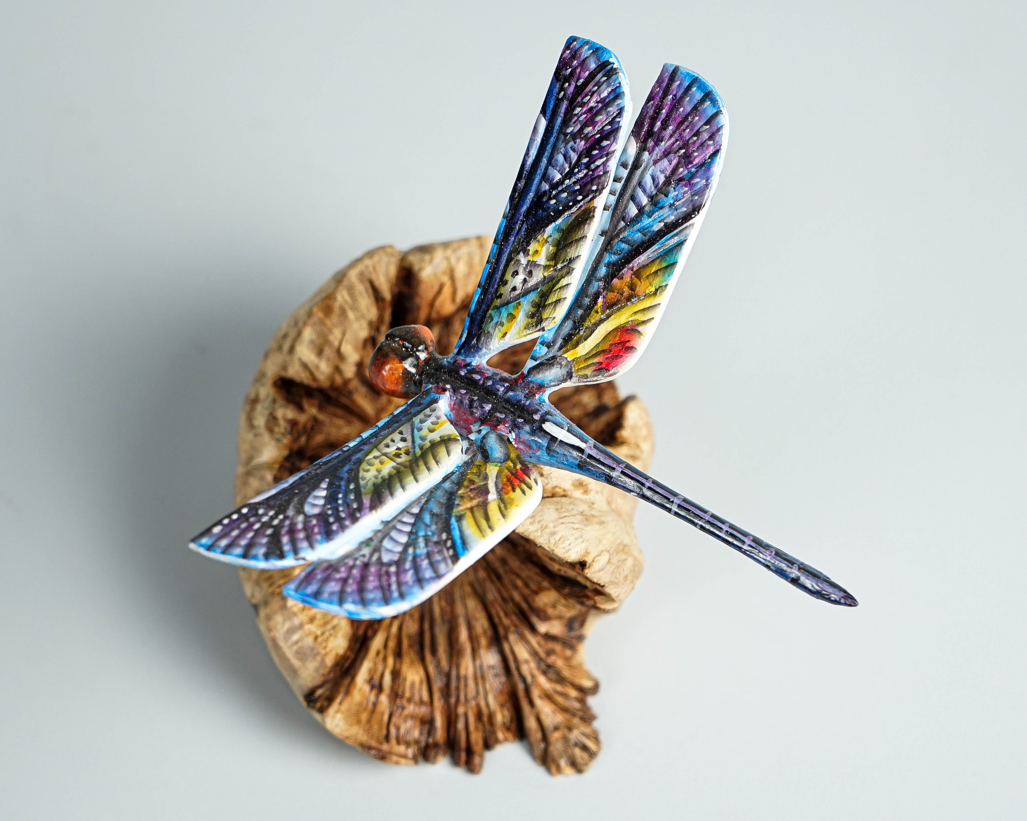Dragonfly on flower, Colored dragonfly, Blue dragonfly statue, Tropical decor, Wood Figurine, Office Decoration, Birthday Gift, Best Gift