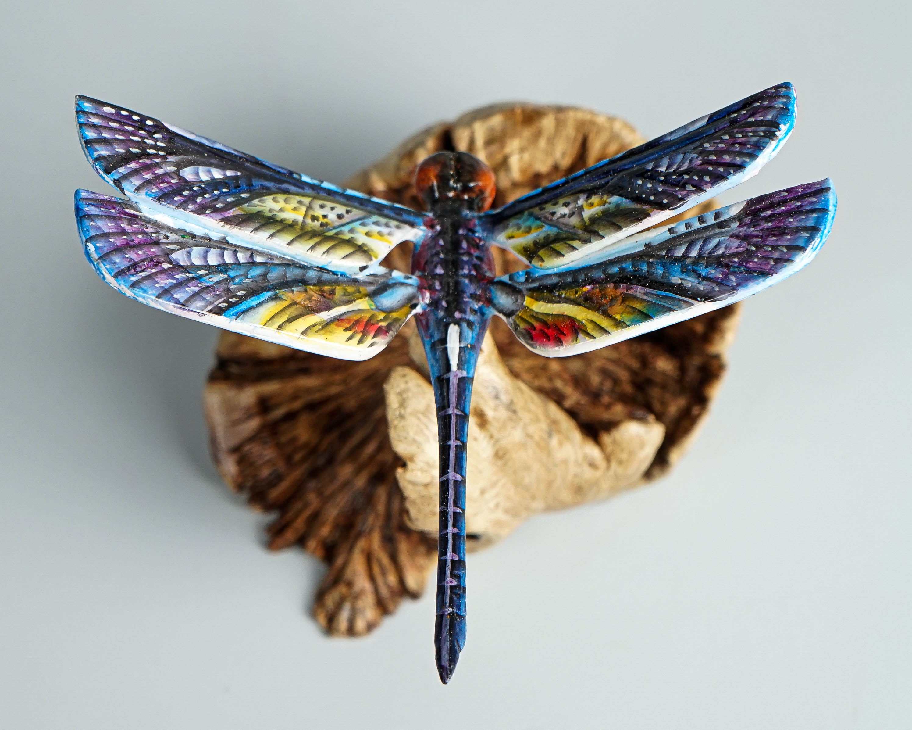 Dragonfly on flower, Colored dragonfly, Blue dragonfly statue, Tropical decor, Wood Figurine, Office Decoration, Birthday Gift, Best Gift