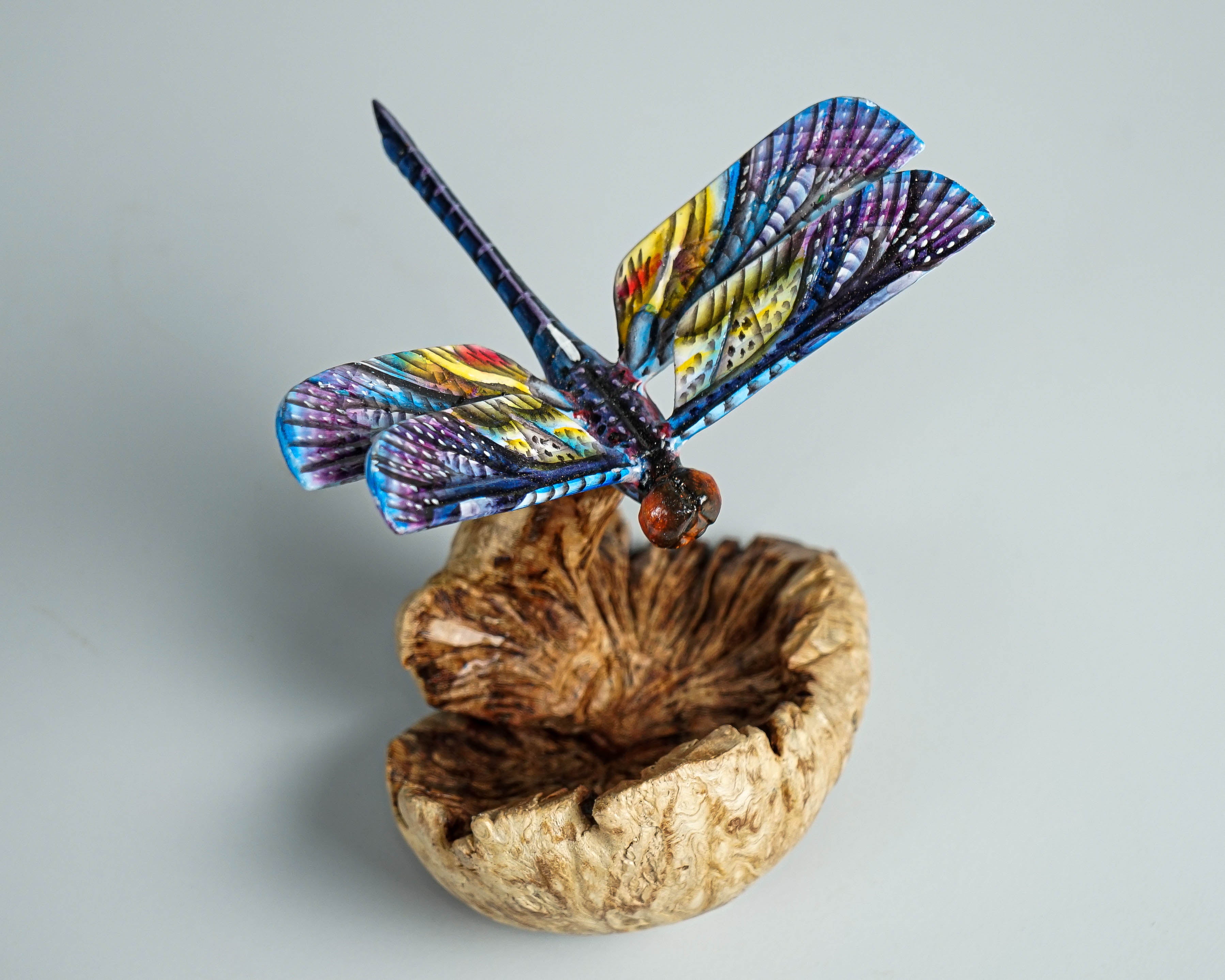Dragonfly on flower, Colored dragonfly, Blue dragonfly statue, Tropical decor, Wood Figurine, Office Decoration, Birthday Gift, Best Gift