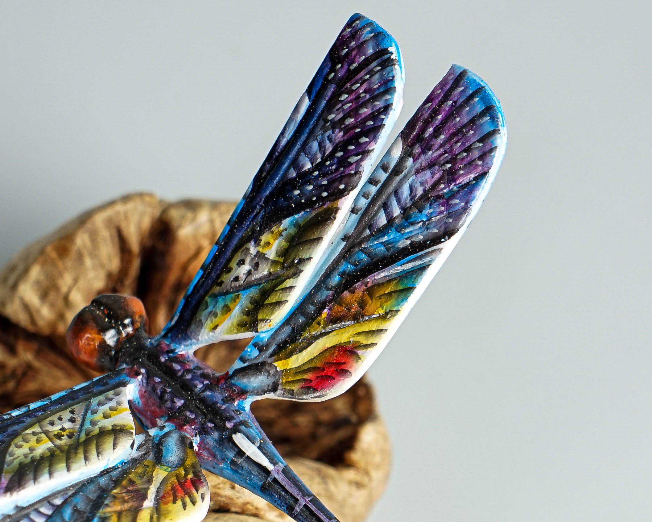 Dragonfly on flower, Colored dragonfly, Blue dragonfly statue, Tropical decor, Wood Figurine, Office Decoration, Birthday Gift, Best Gift