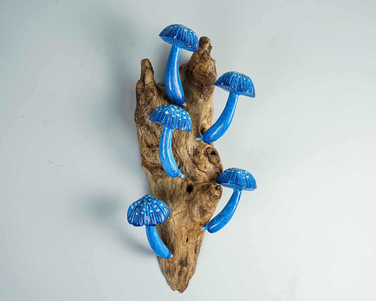 Blue Mushroom Wall Art, Hanging Statue, Colorful Mushroom, Handicraft, Housewarming, Burl Wood, Pop Up Decor, Library, Art, Special Gift