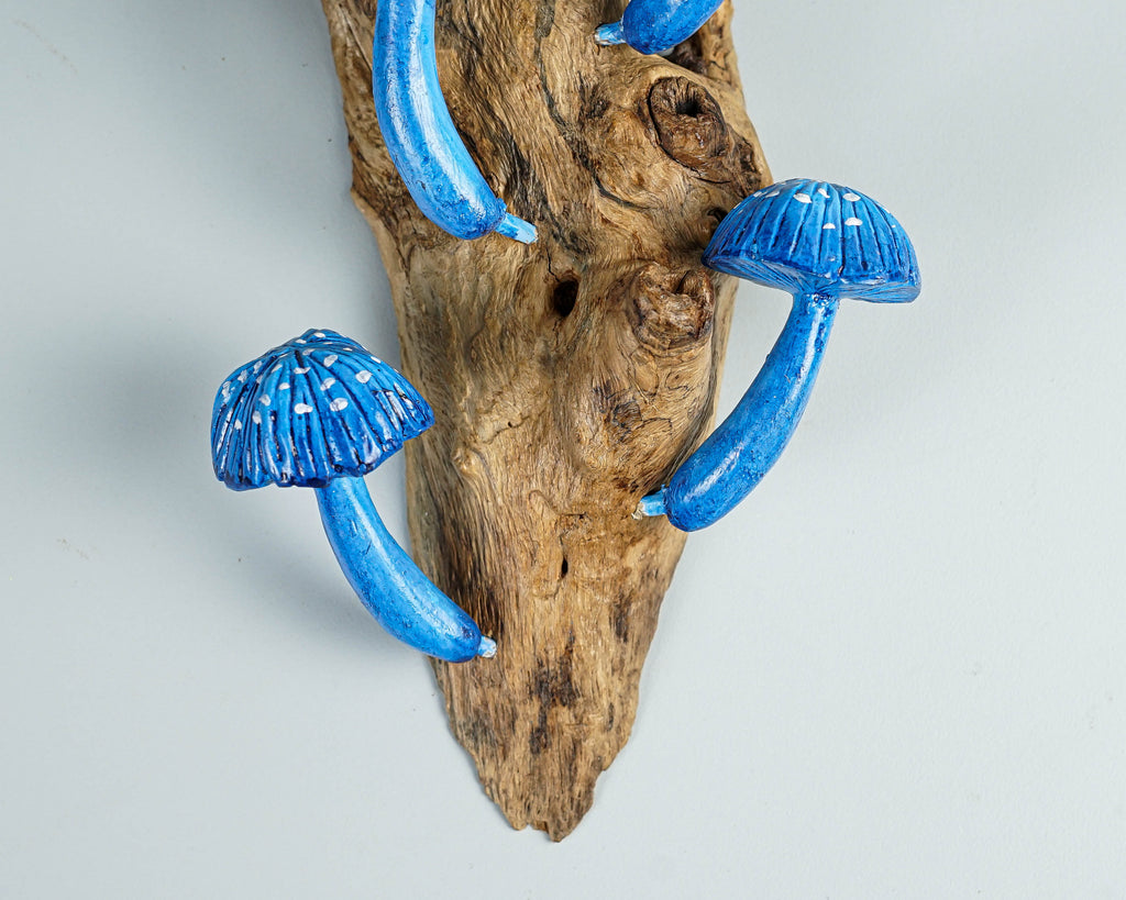 Blue Mushroom Wall Art, Hanging Statue, Colorful Mushroom, Handicraft, Housewarming, Burl Wood, Pop Up Decor, Library, Art, Special Gift