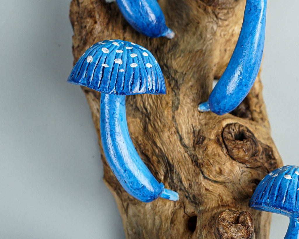 Blue Mushroom Wall Art, Hanging Statue, Colorful Mushroom, Handicraft, Housewarming, Burl Wood, Pop Up Decor, Library, Art, Special Gift