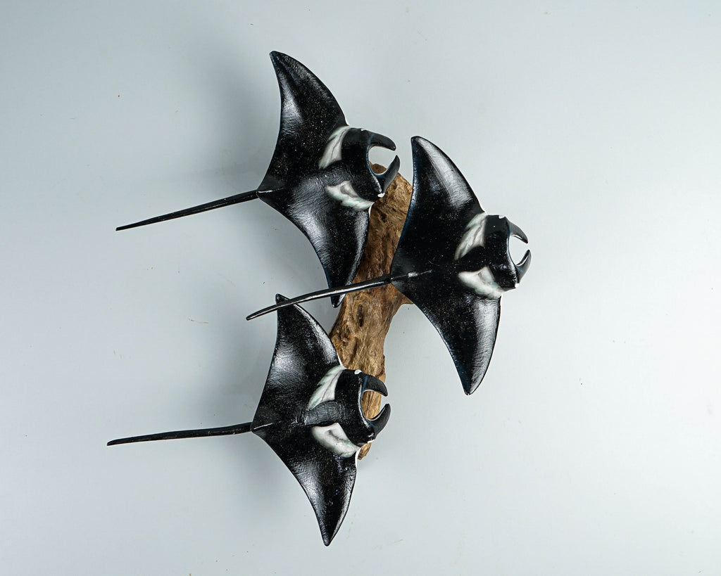 Black Manta Ray Trio Wall Statue, Hanging Sculpture, Handcrafted, Wooden Art, Artwork, Painted, Unique, Ocean Decor, Nautical, Wife Gift