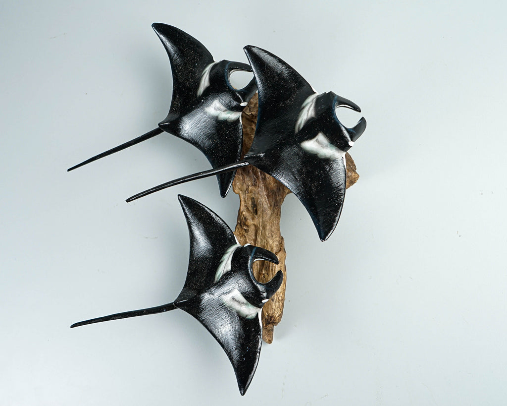 Black Manta Ray Trio Wall Statue, Hanging Sculpture, Handcrafted, Wooden Art, Artwork, Painted, Unique, Ocean Decor, Nautical, Wife Gift