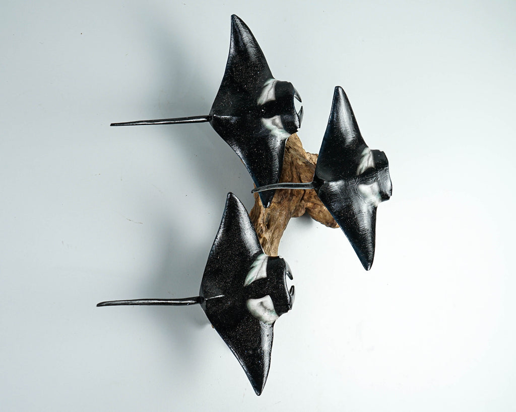 Black Manta Ray Trio Wall Statue, Hanging Sculpture, Handcrafted, Wooden Art, Artwork, Painted, Unique, Ocean Decor, Nautical, Wife Gift