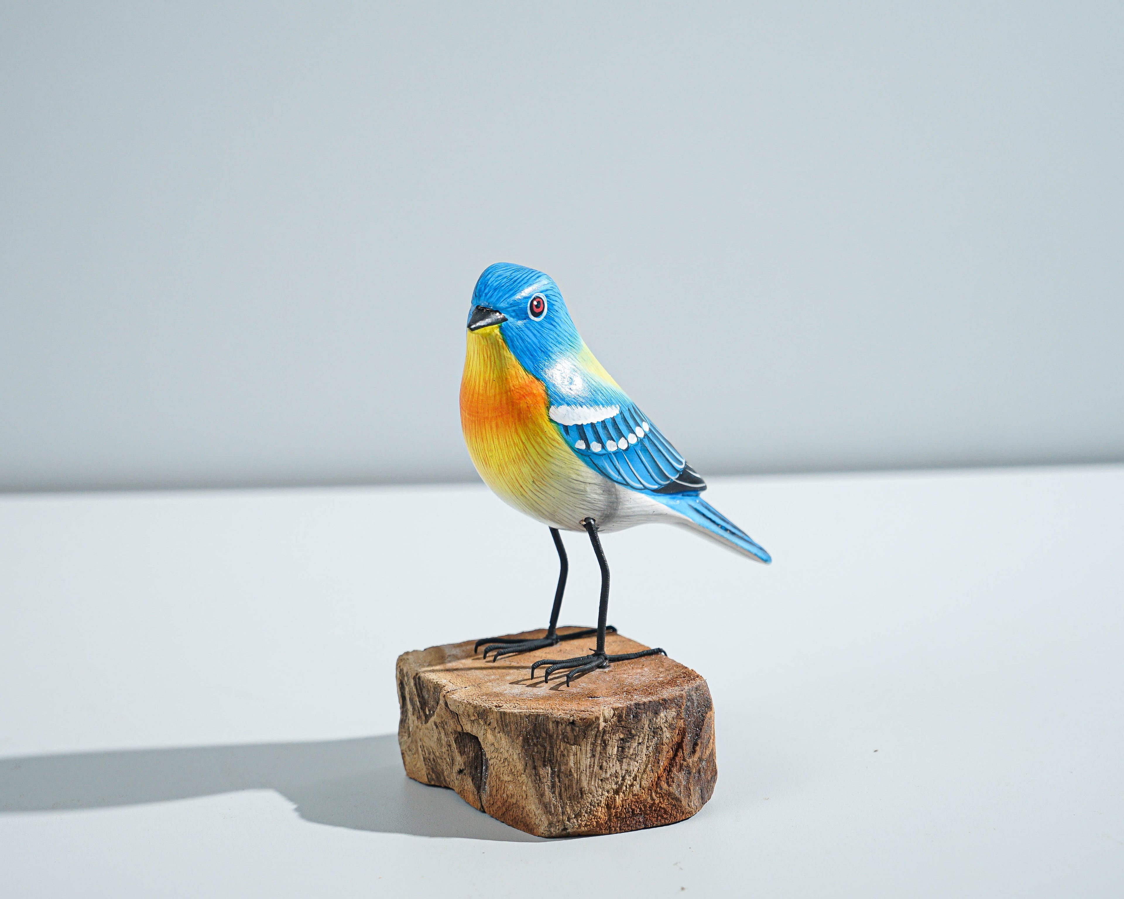 Blue & Yellow Bird Sculpture 5in Tall Hand-Carved Wooden Bird Art Decor