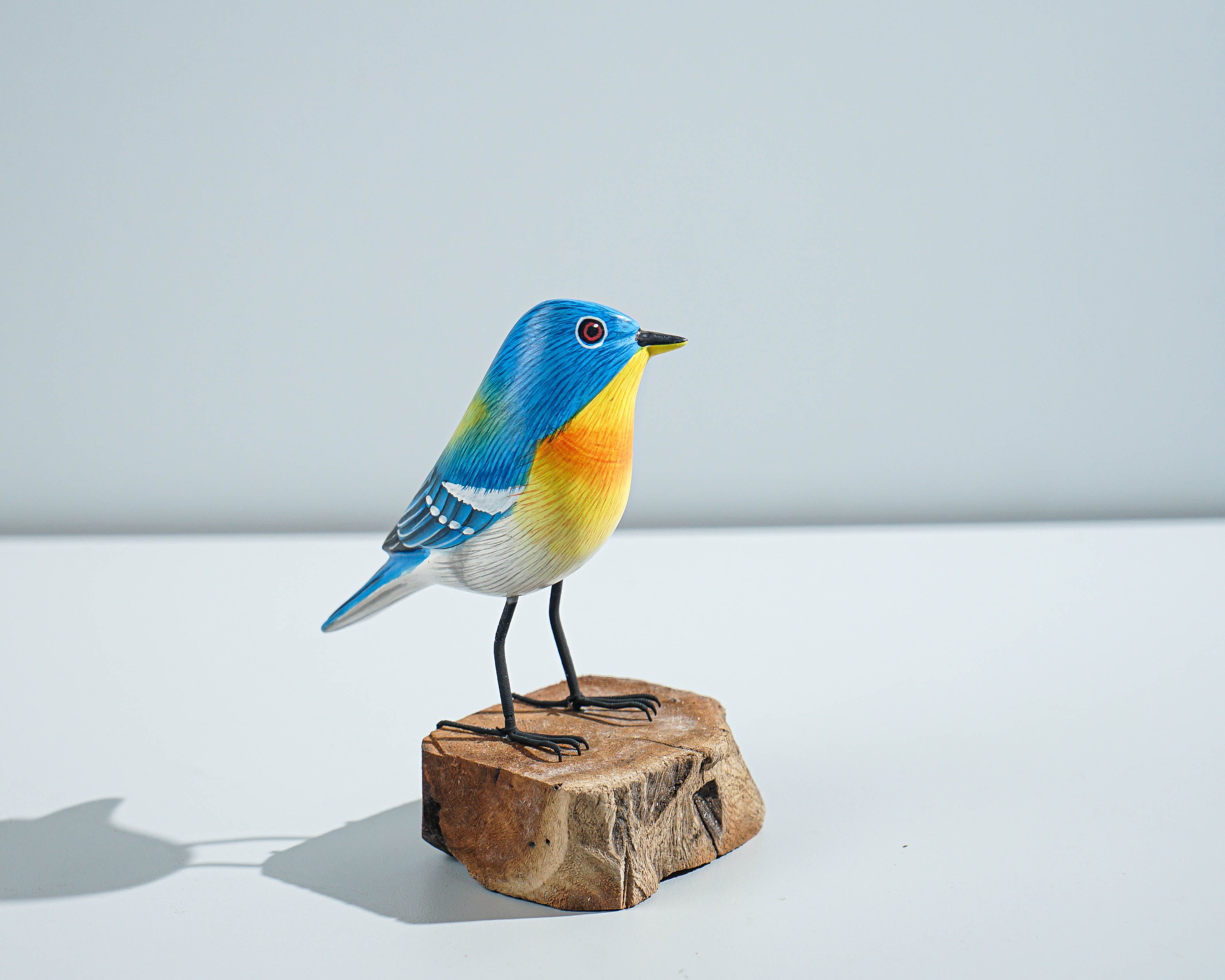 Blue & Yellow Bird Sculpture 5in Tall Hand-Carved Wooden Bird Art Decor