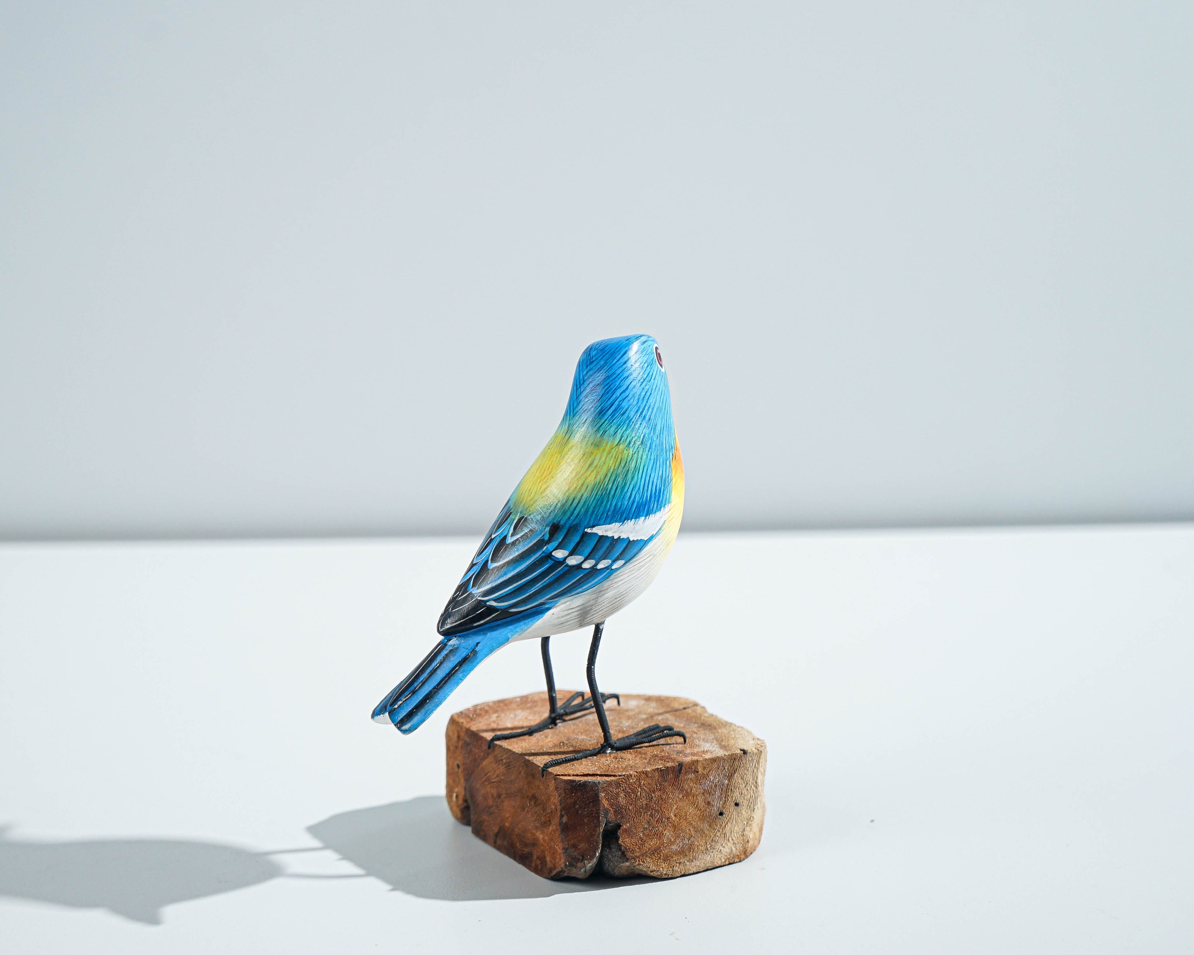 Blue & Yellow Bird Sculpture 5in Tall Hand-Carved Wooden Bird Art Decor