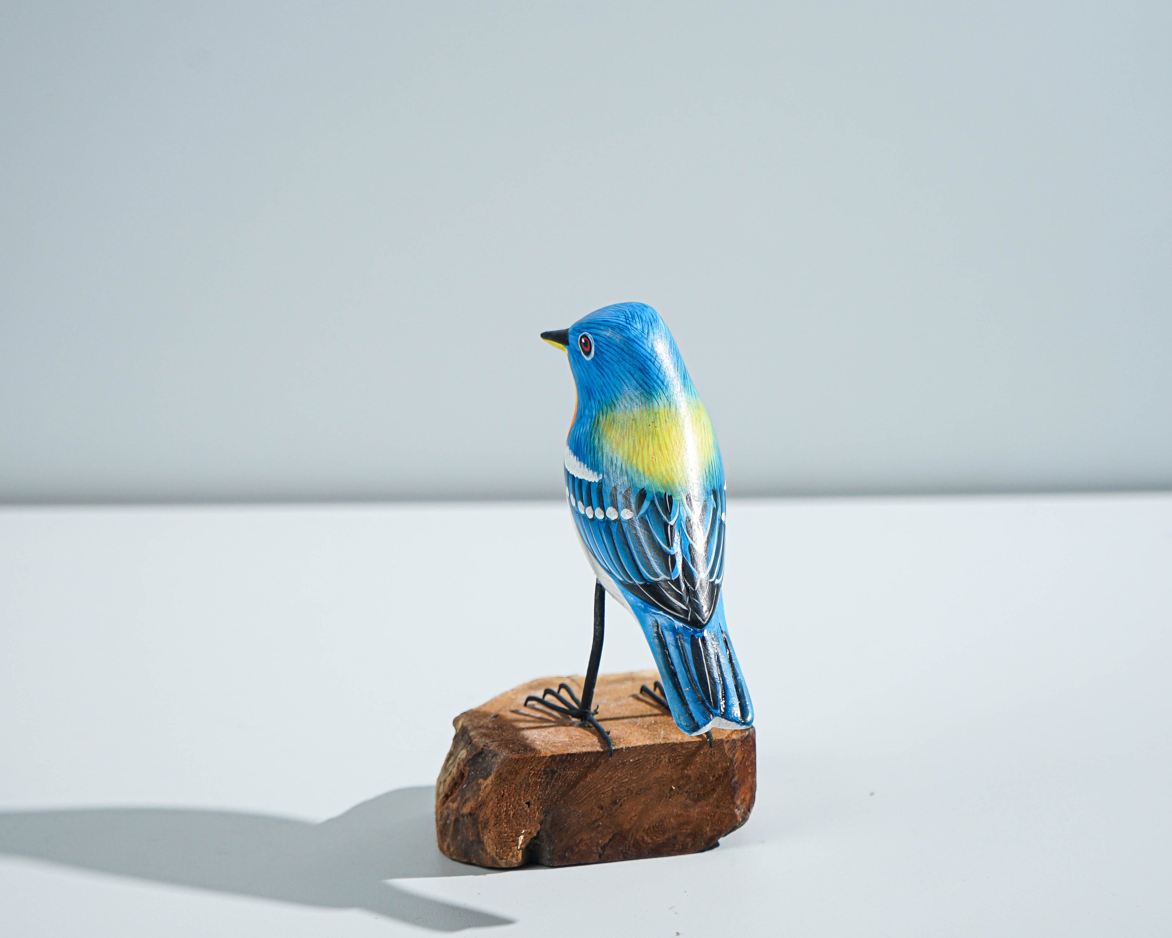 Blue & Yellow Bird Sculpture 5in Tall Hand-Carved Wooden Bird Art Decor