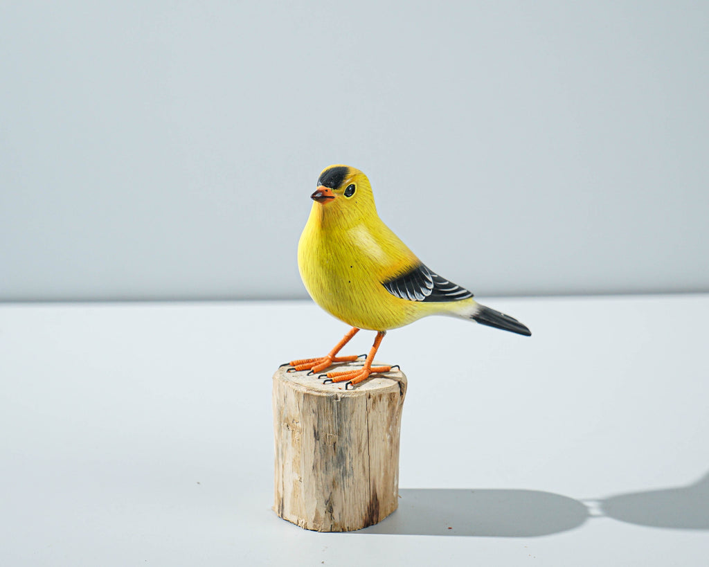 American Goldfinch Sculpture 5in Tall Hand-Painted Wooden Bird Art