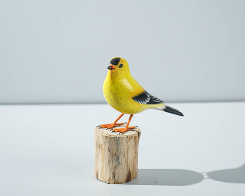 American Goldfinch Sculpture 5in Tall Hand-Painted Wooden Bird Art